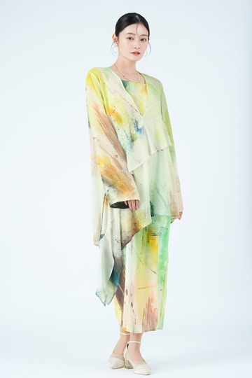 ペイントアート柄レイヤードイエローグリーンドレス