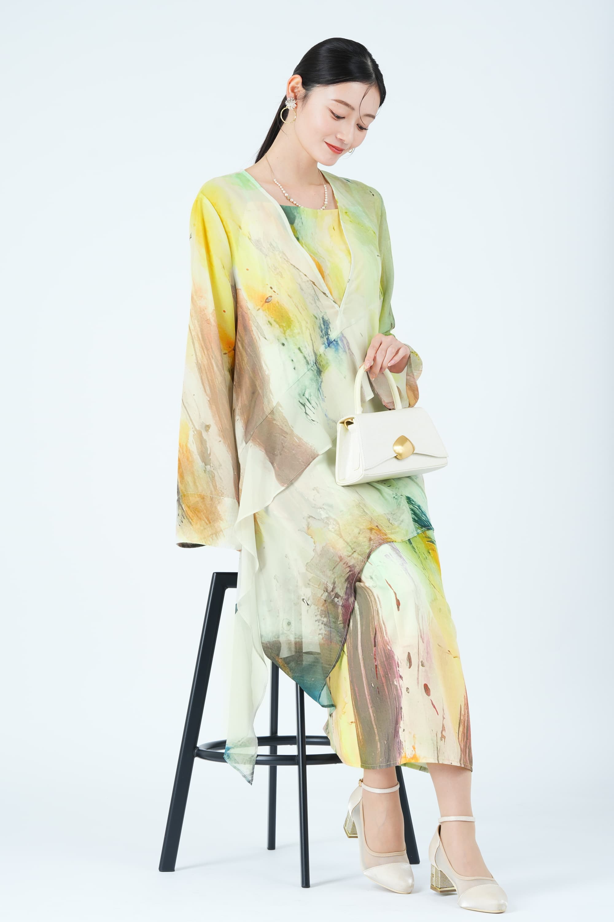 ペイントアート柄レイヤードイエローグリーンドレス