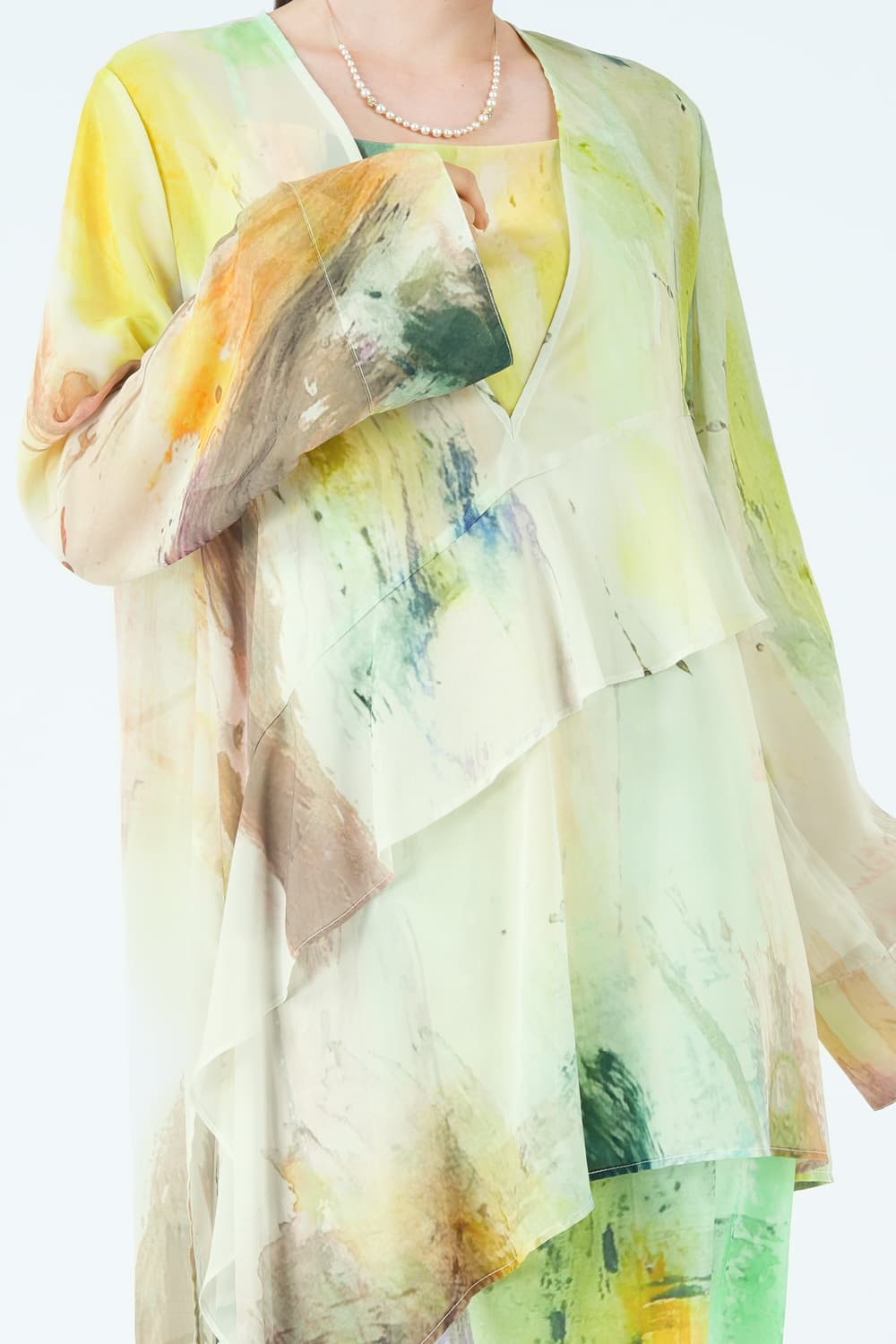 ペイントアート柄レイヤードイエローグリーンドレス