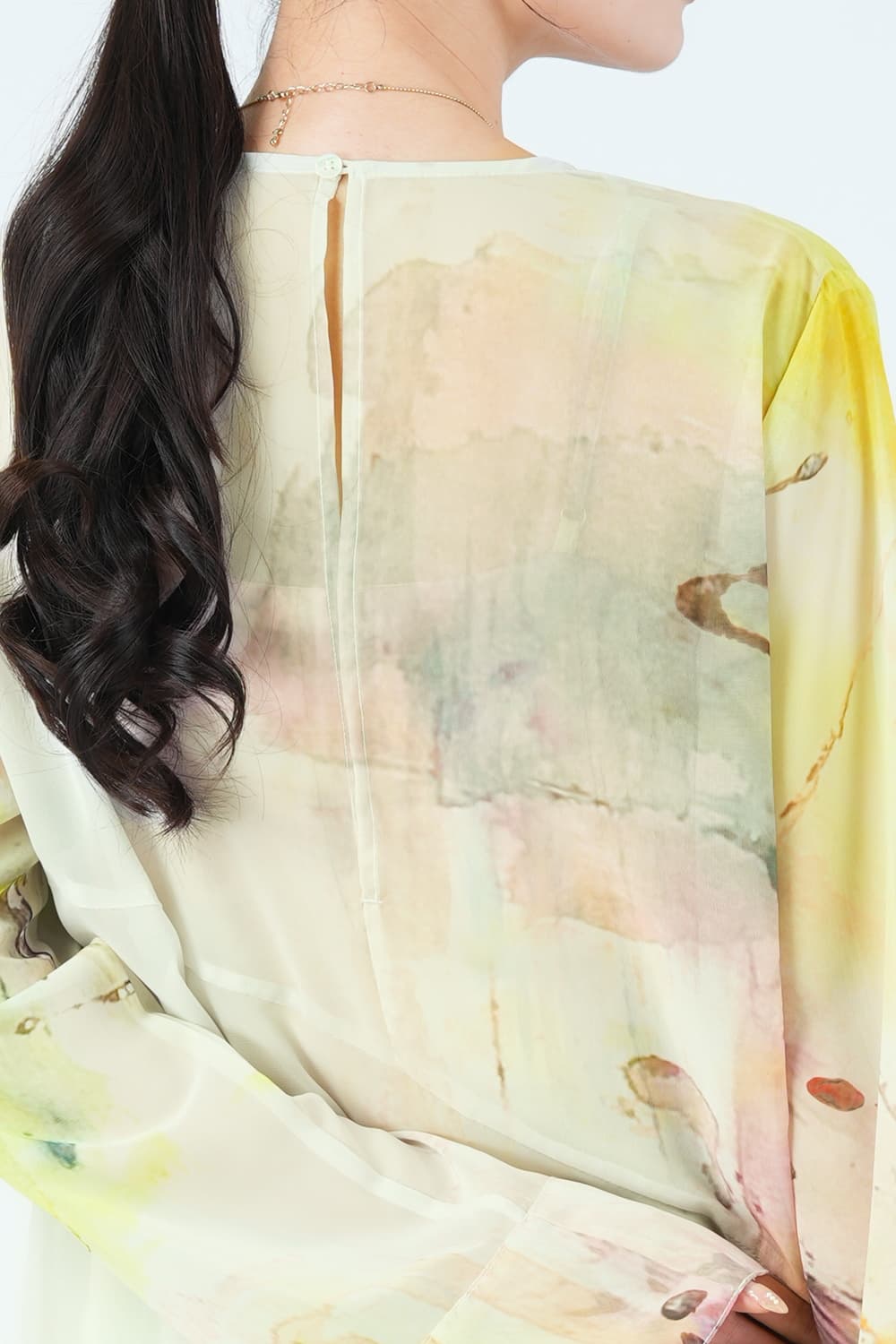 ペイントアート柄レイヤードイエローグリーンドレス