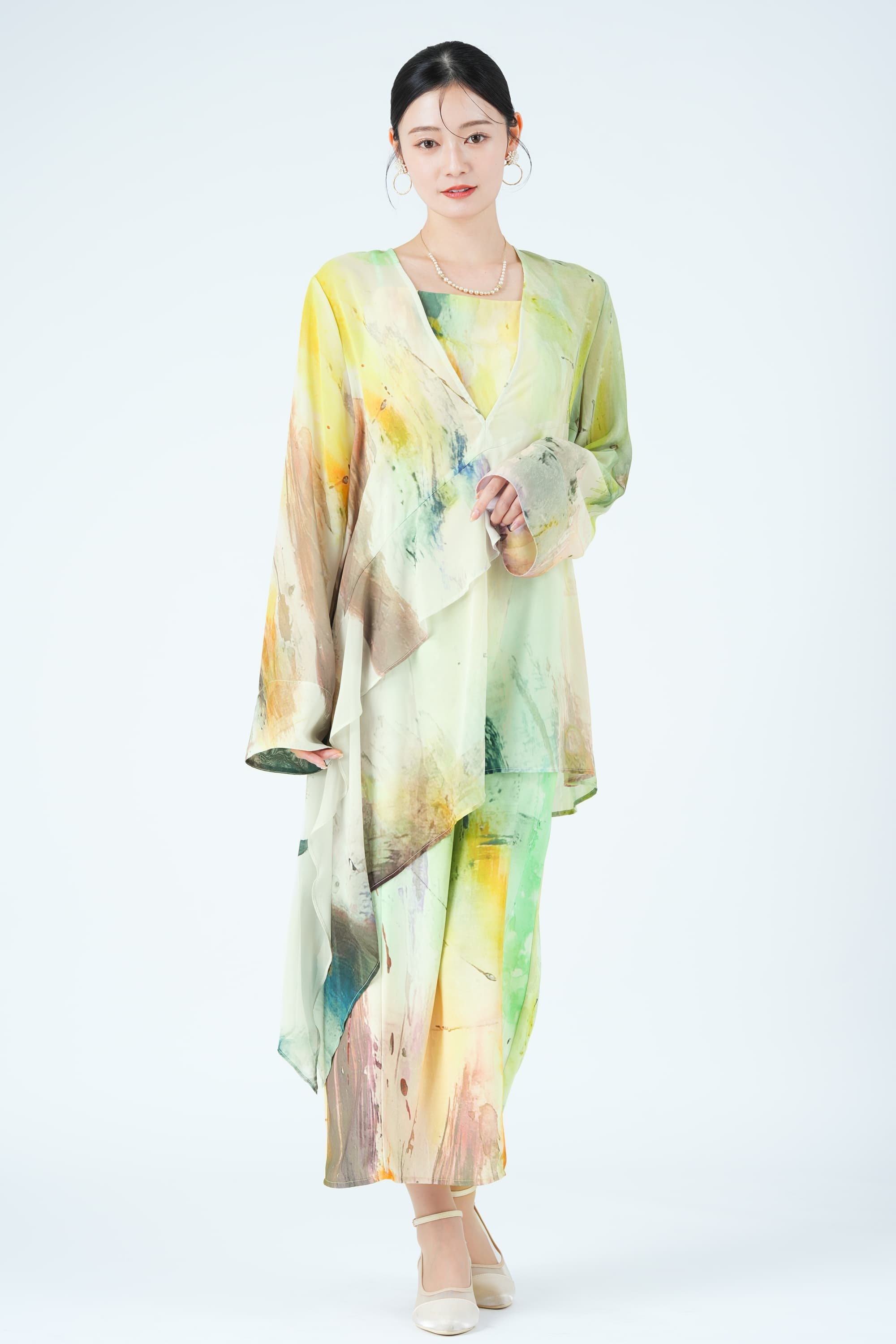 ペイントアート柄レイヤードイエローグリーンドレス