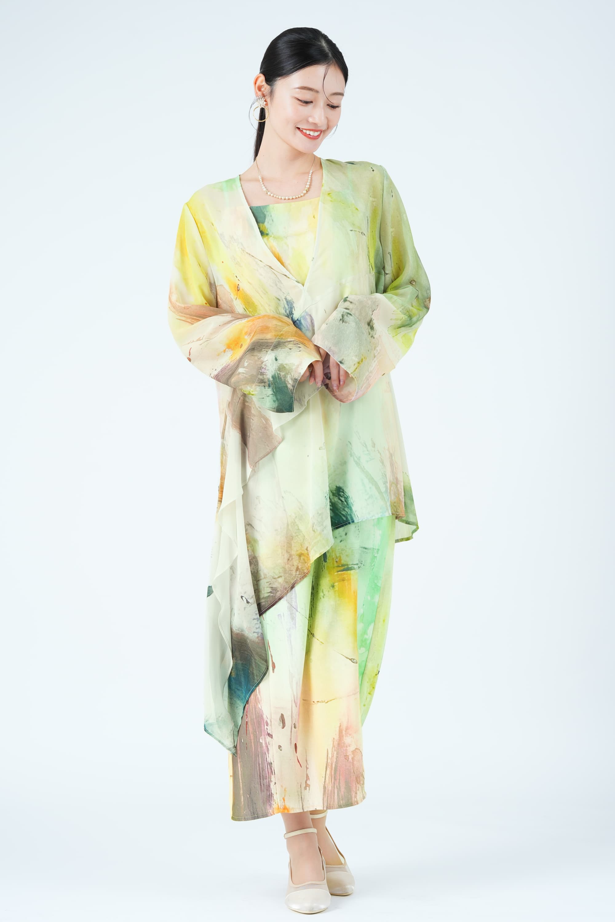 ペイントアート柄レイヤードイエローグリーンドレス
