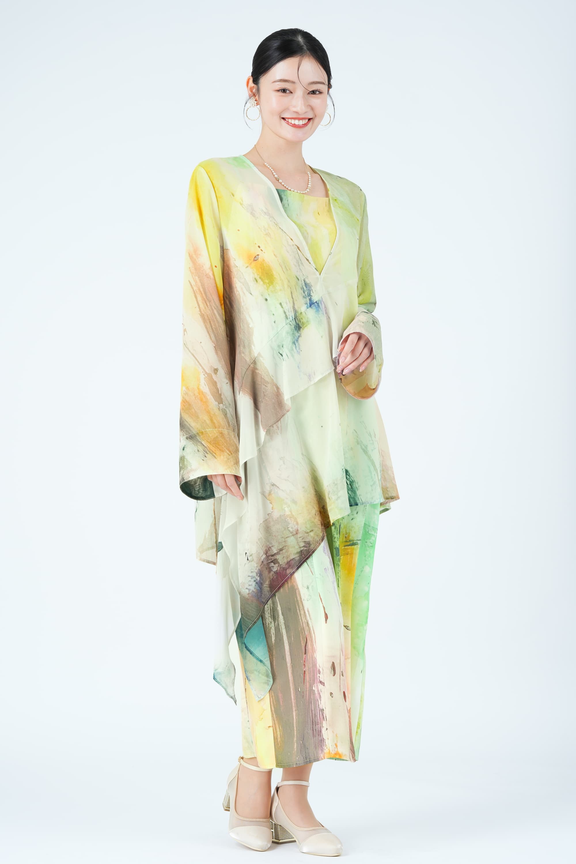 ペイントアート柄レイヤードイエローグリーンドレス