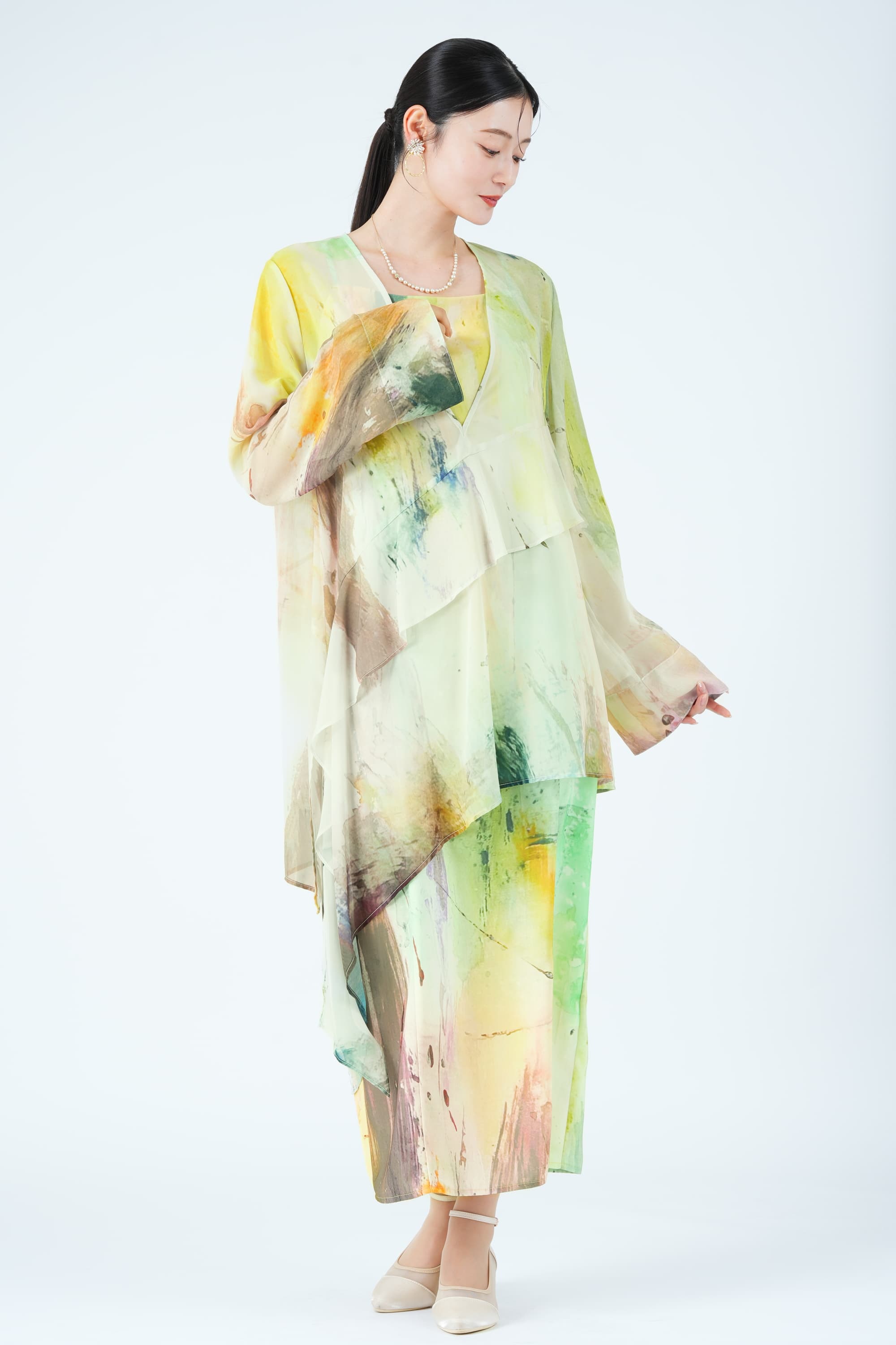 ペイントアート柄レイヤードイエローグリーンドレス