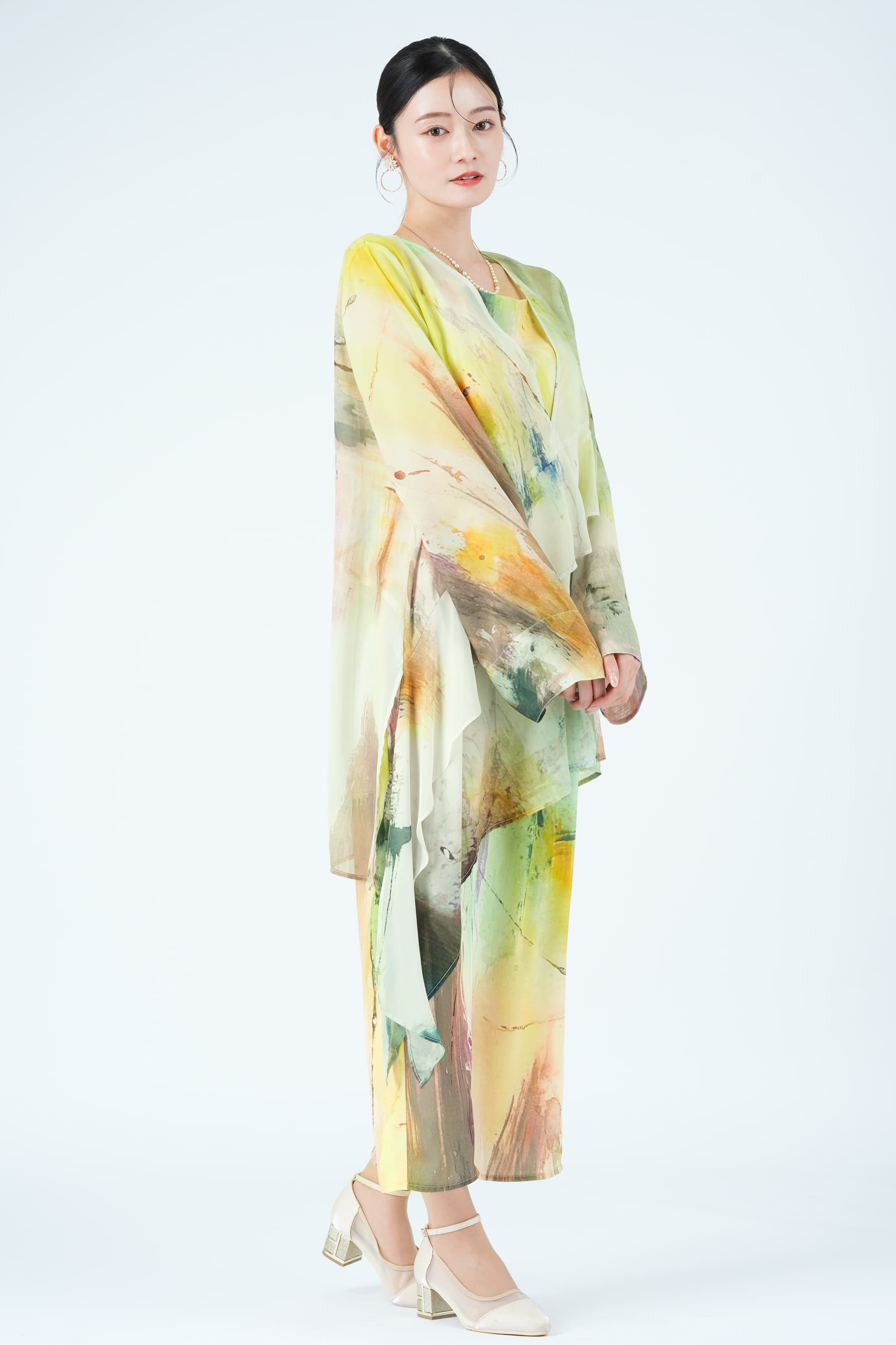 ペイントアート柄レイヤードイエローグリーンドレス