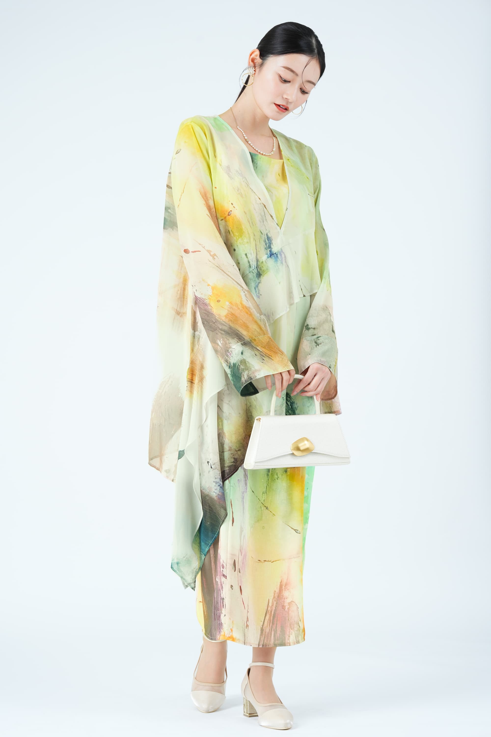 ペイントアート柄レイヤードイエローグリーンドレス