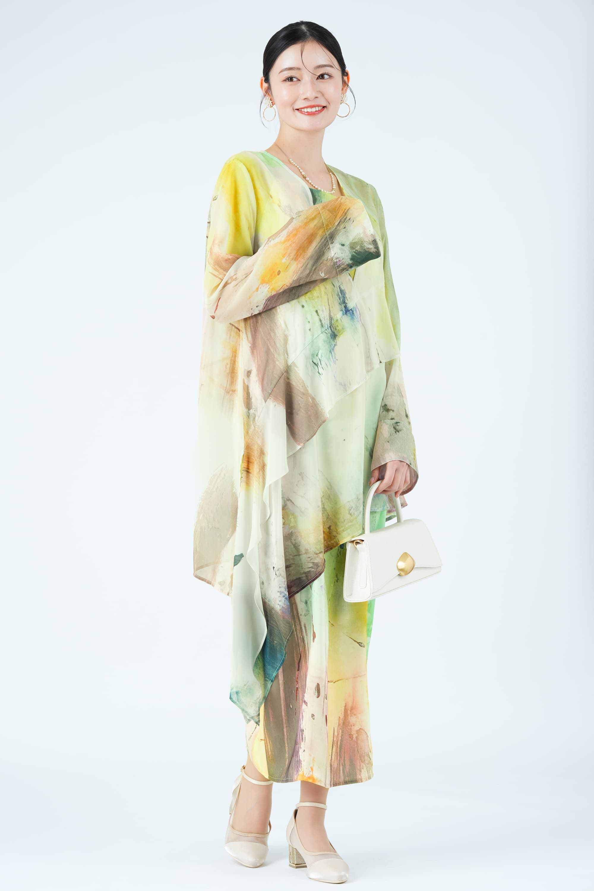 ペイントアート柄レイヤードイエローグリーンドレス