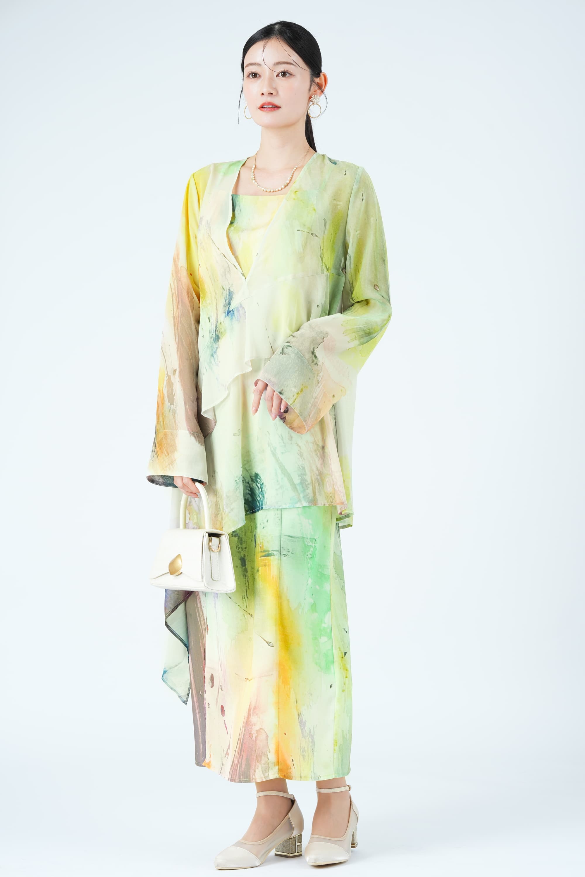 ペイントアート柄レイヤードイエローグリーンドレス