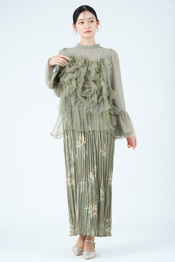 ニュアンスフラワー柄プリーツグリーンドレス