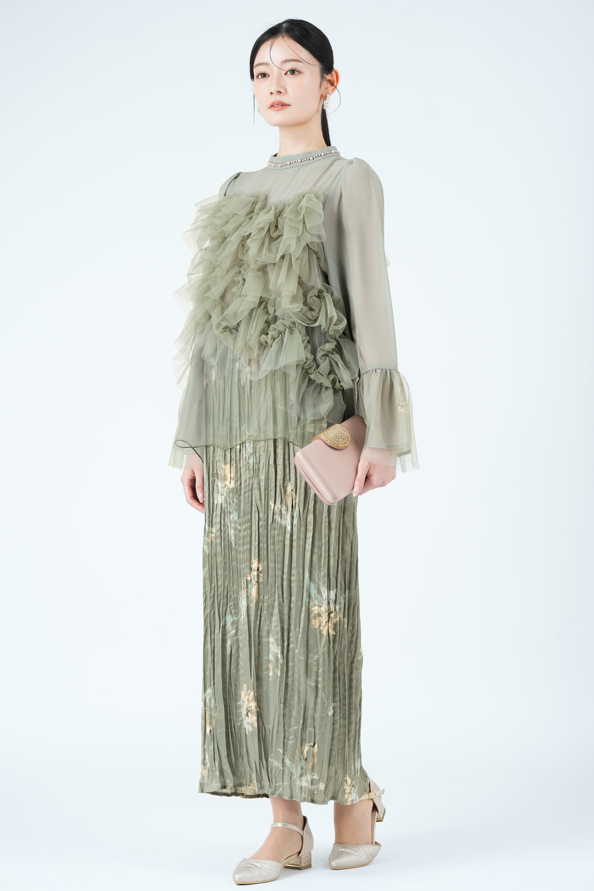 ニュアンスフラワー柄プリーツグリーンドレス