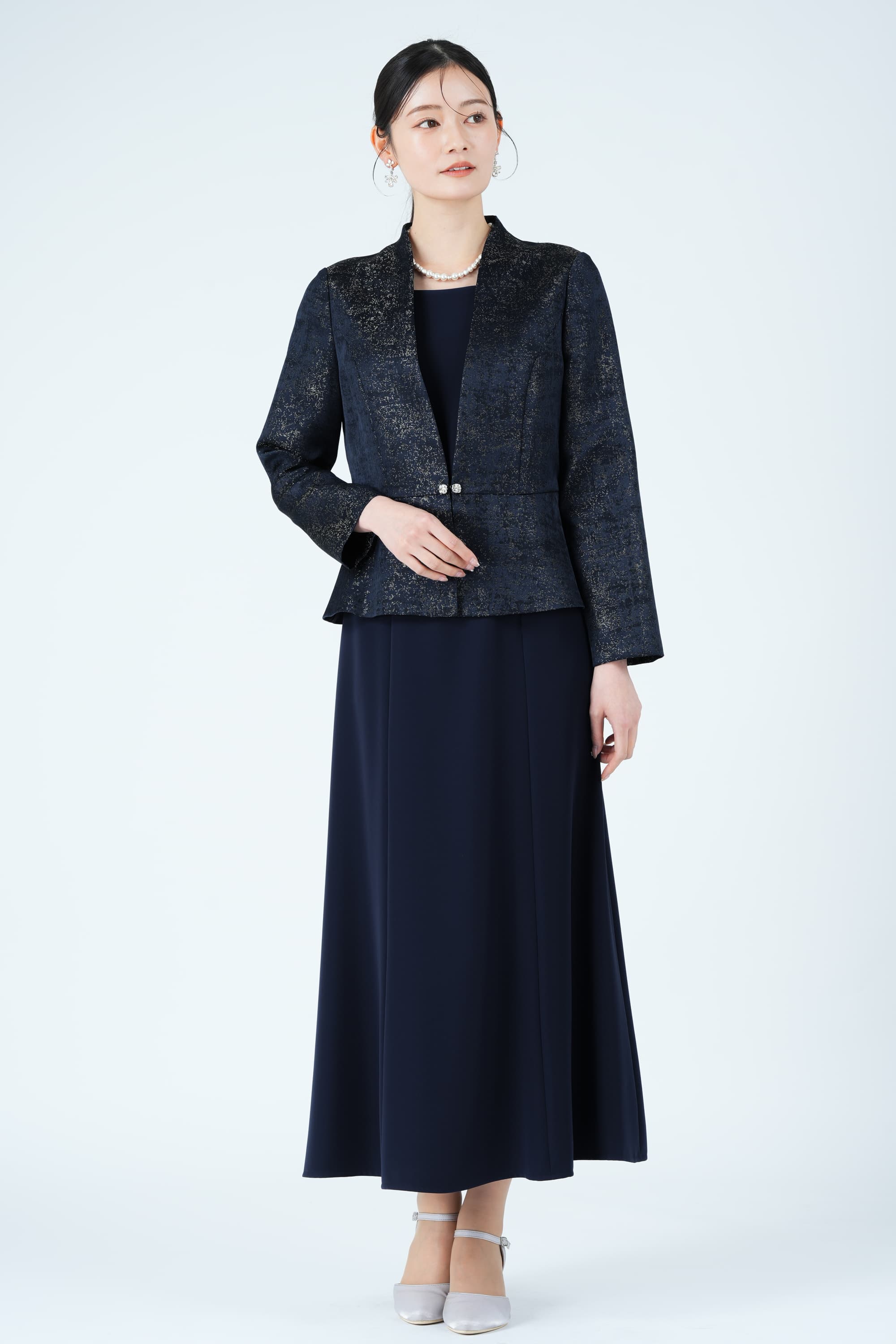 ジャガード織りジャケットドッキングネイビードレス