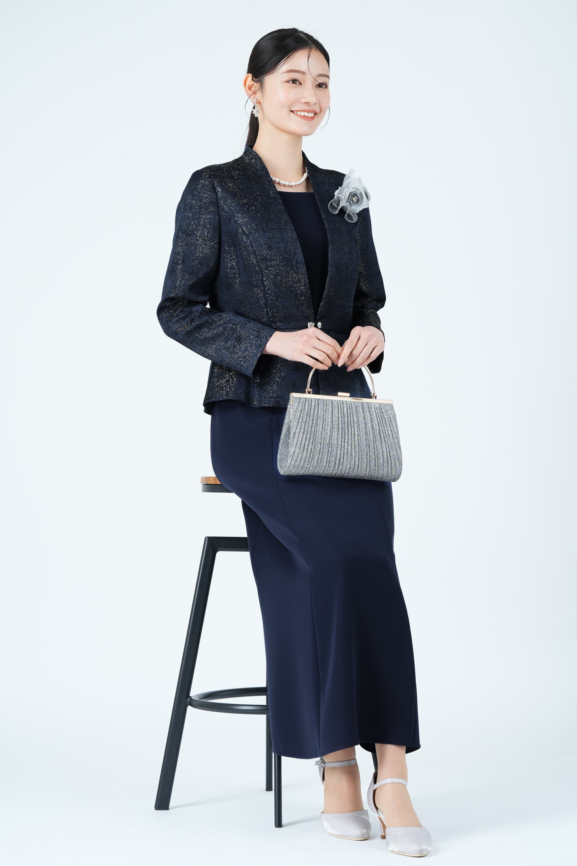 ジャガード織りジャケットドッキングネイビードレス