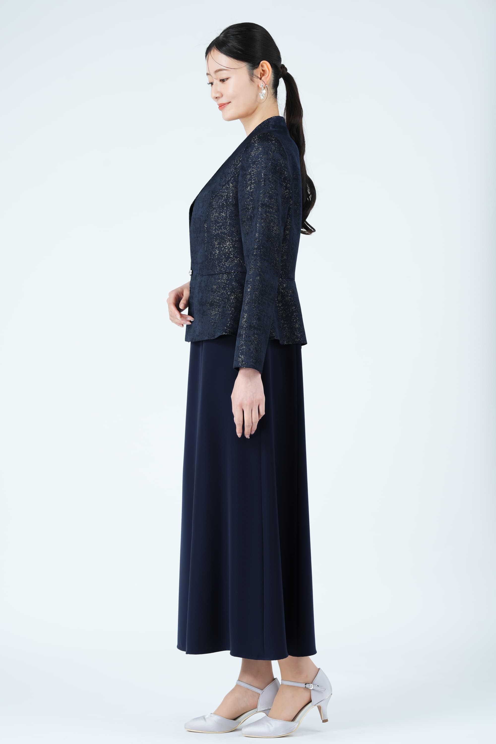 ジャガード織りジャケットドッキングネイビードレス