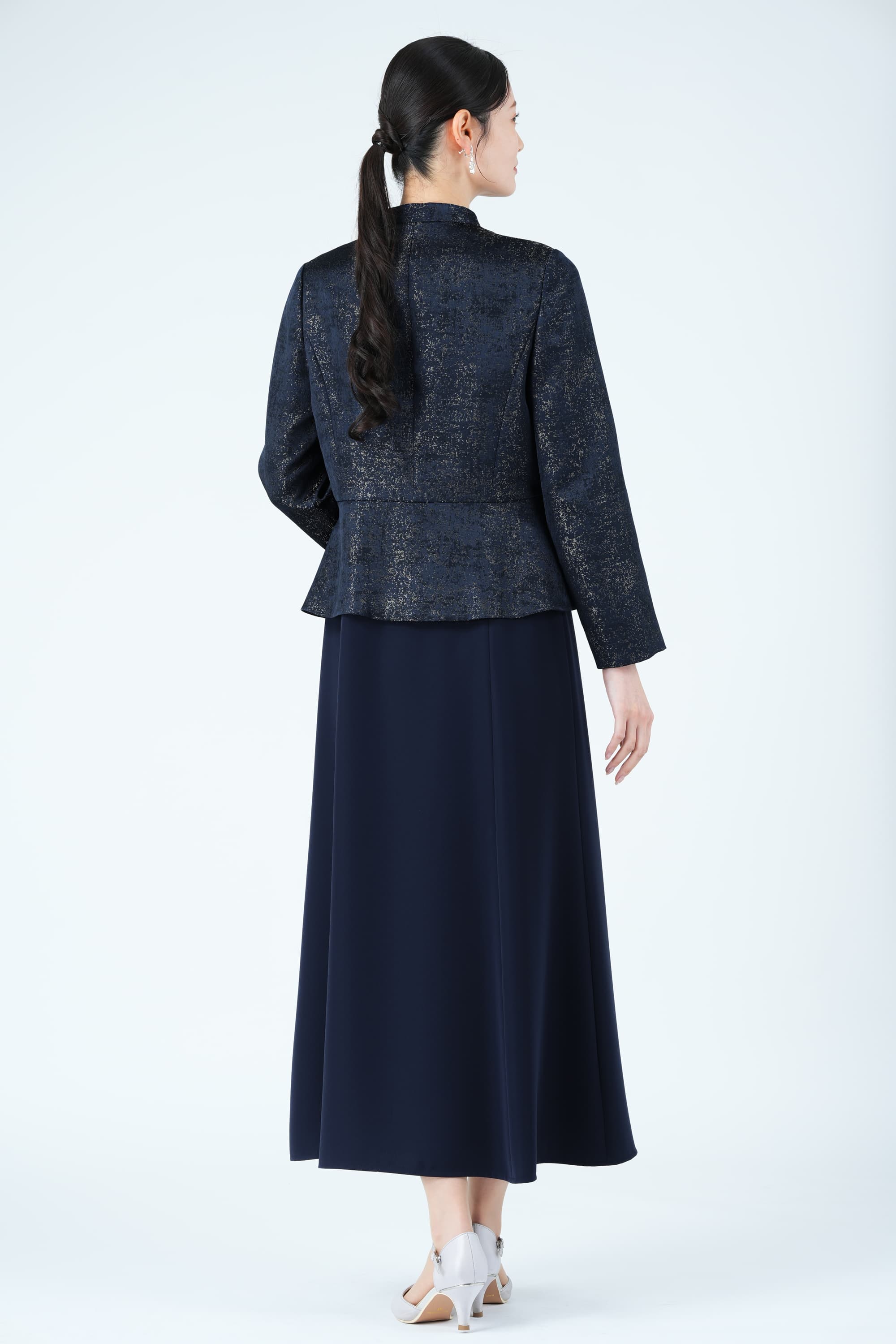 ジャガード織りジャケットドッキングネイビードレス