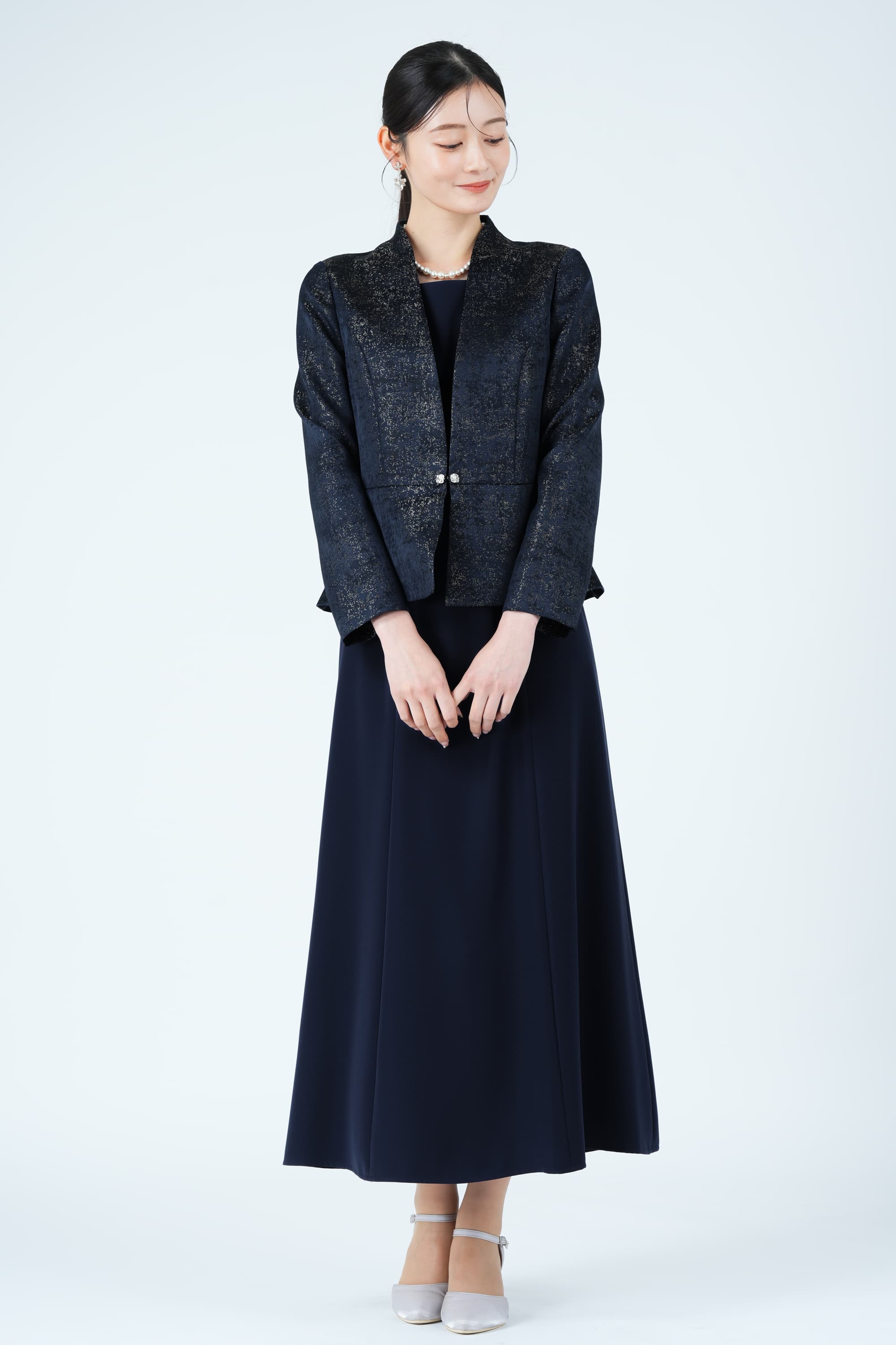 ジャガード織りジャケットドッキングネイビードレス