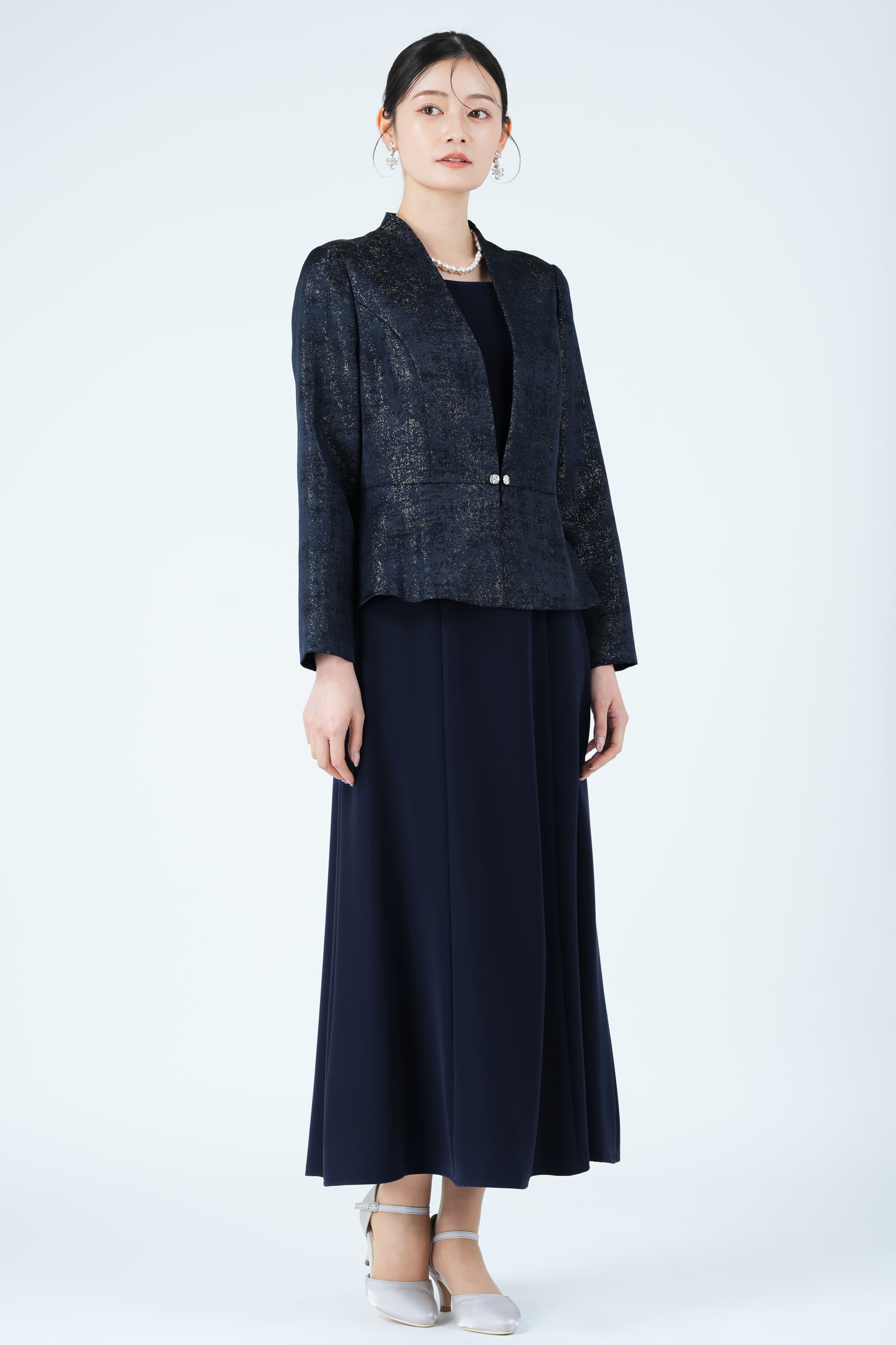 ジャガード織りジャケットドッキングネイビードレス