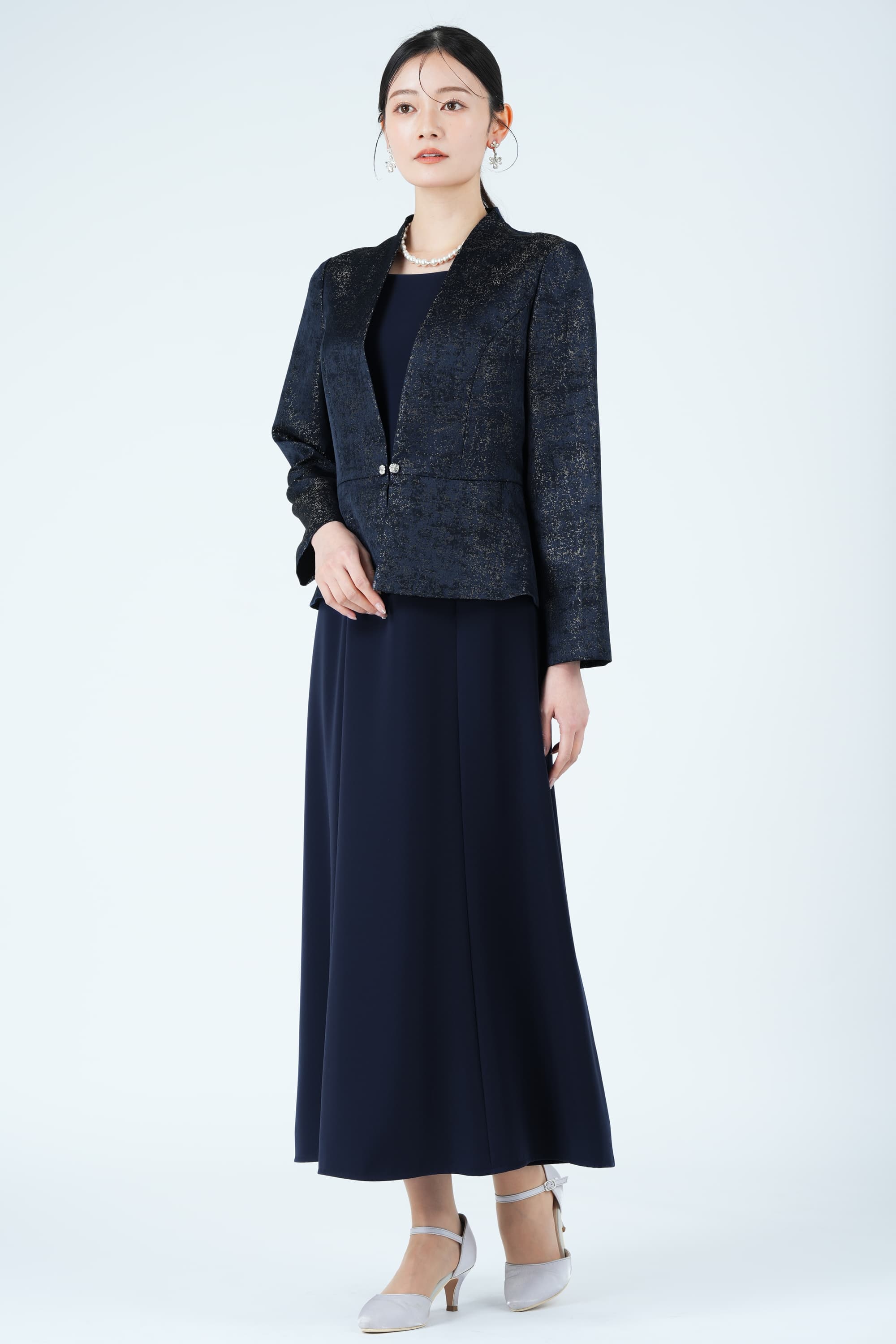 ジャガード織りジャケットドッキングネイビードレス