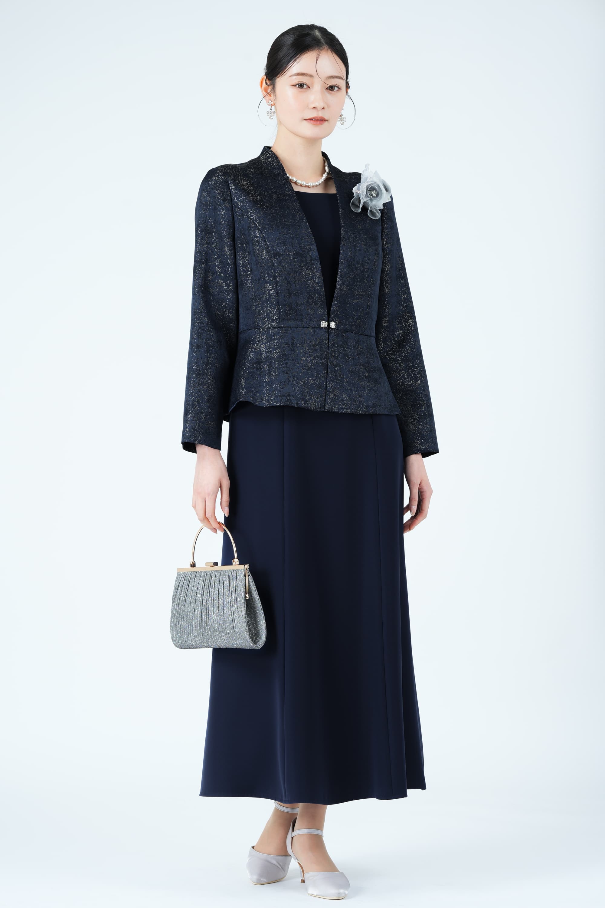 ジャガード織りジャケットドッキングネイビードレス