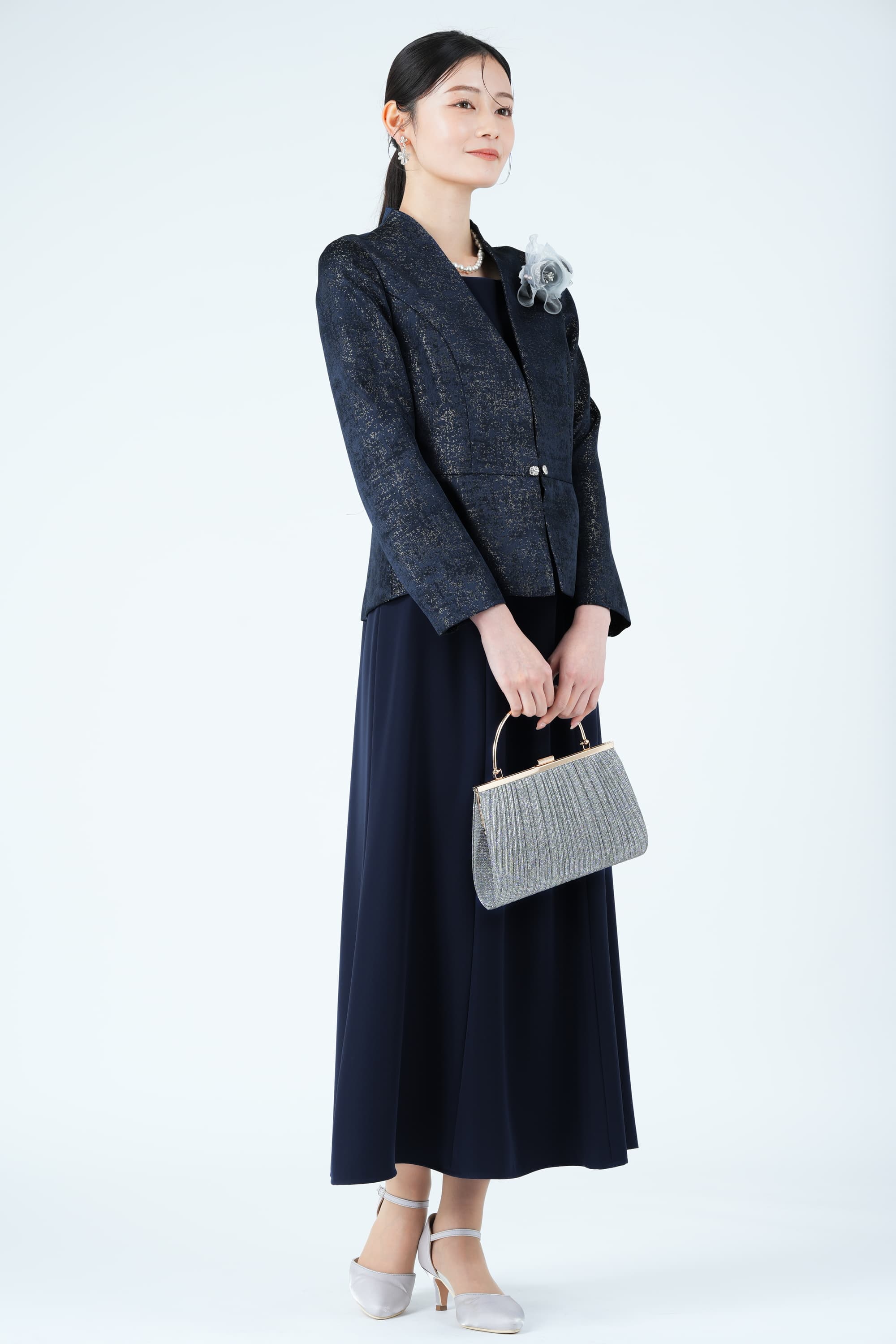 ジャガード織りジャケットドッキングネイビードレス