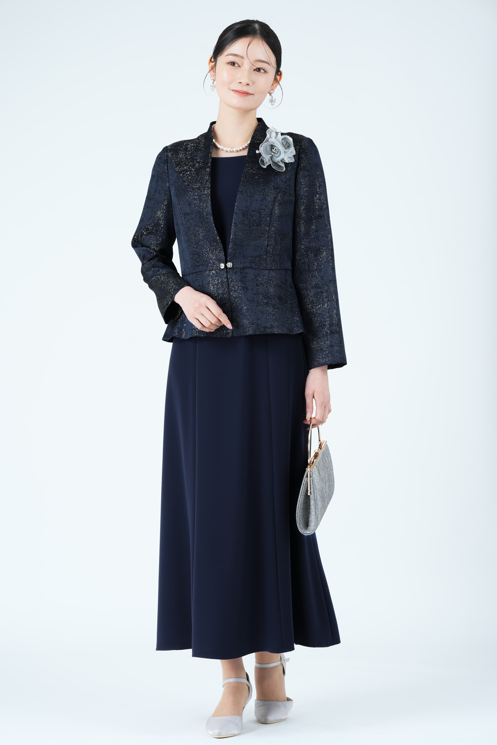 ジャガード織りジャケットドッキングネイビードレス