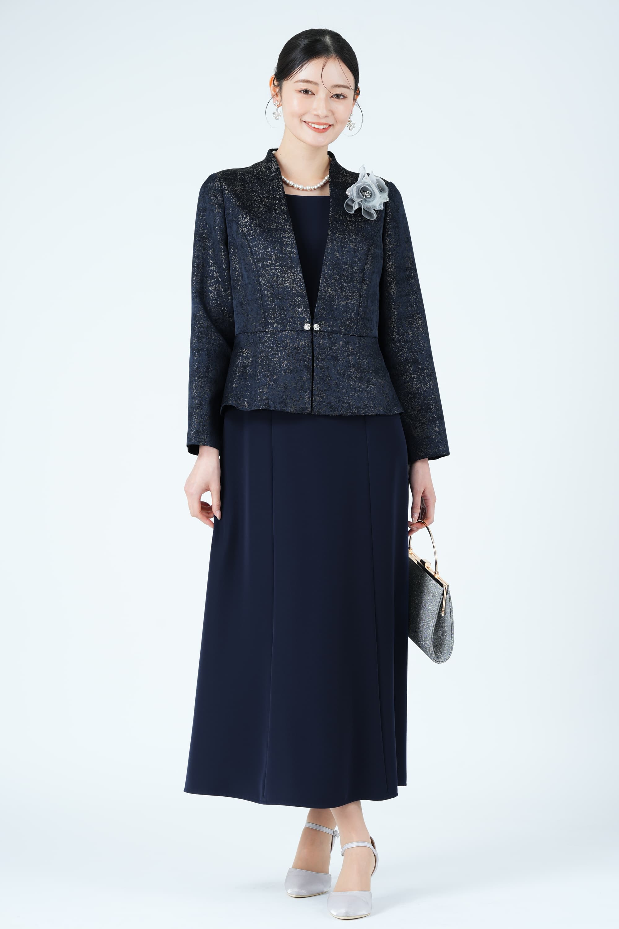 ジャガード織りジャケットドッキングネイビードレス