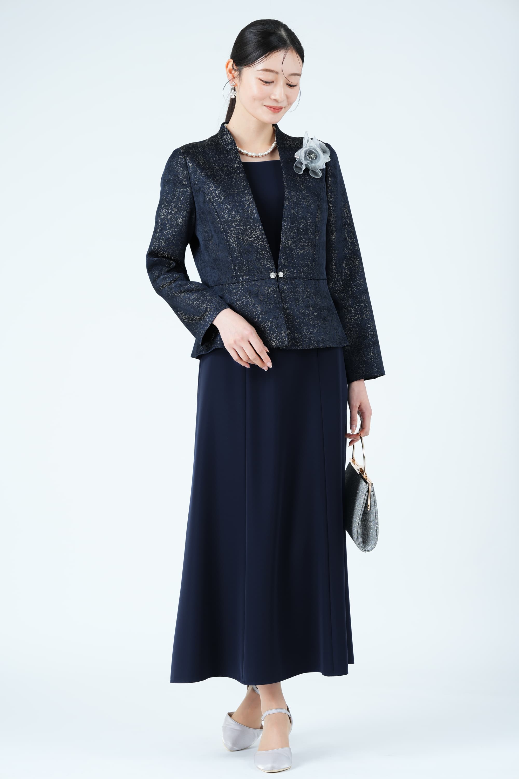 ジャガード織りジャケットドッキングネイビードレス