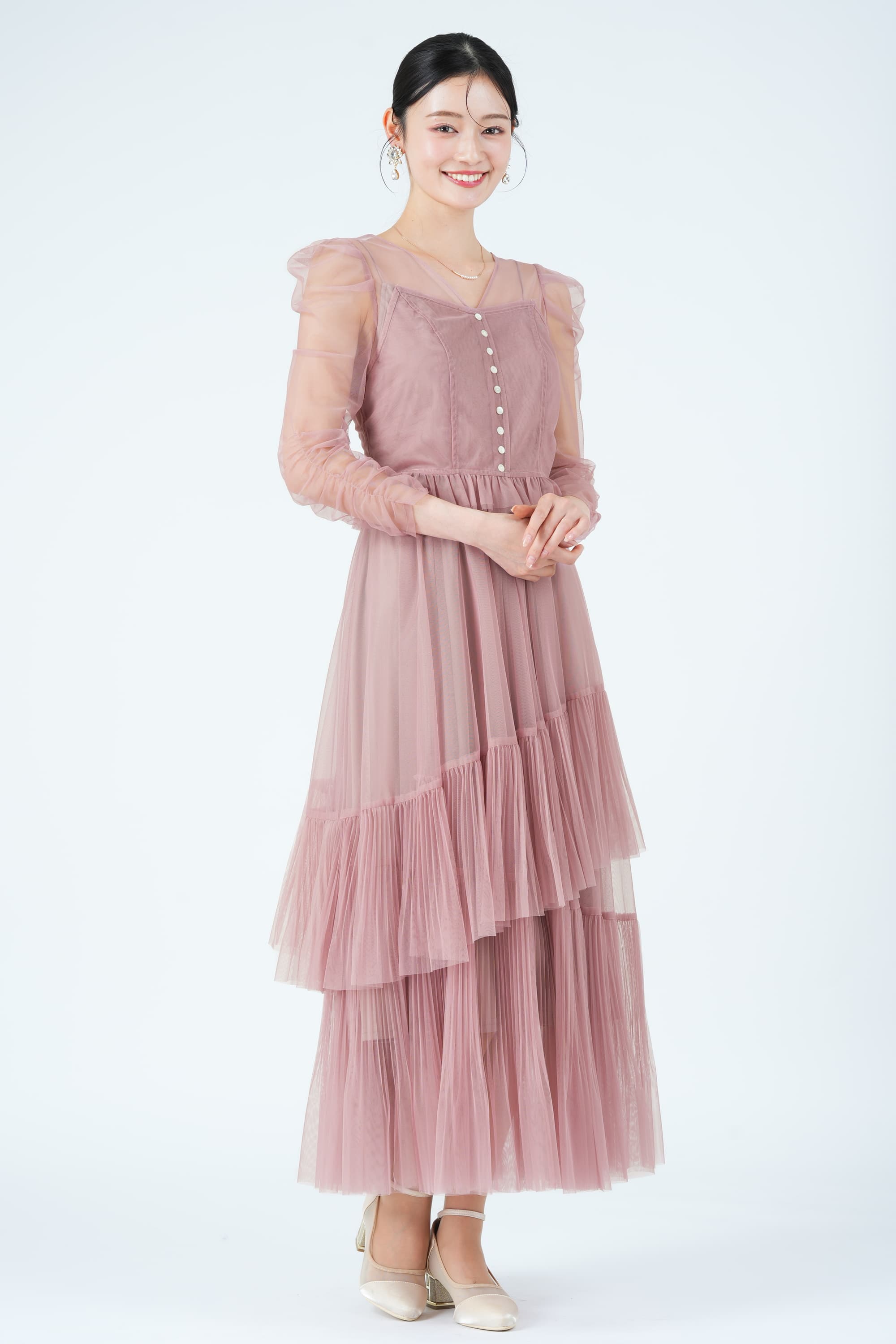 アシメティアードチュールピンクドレス