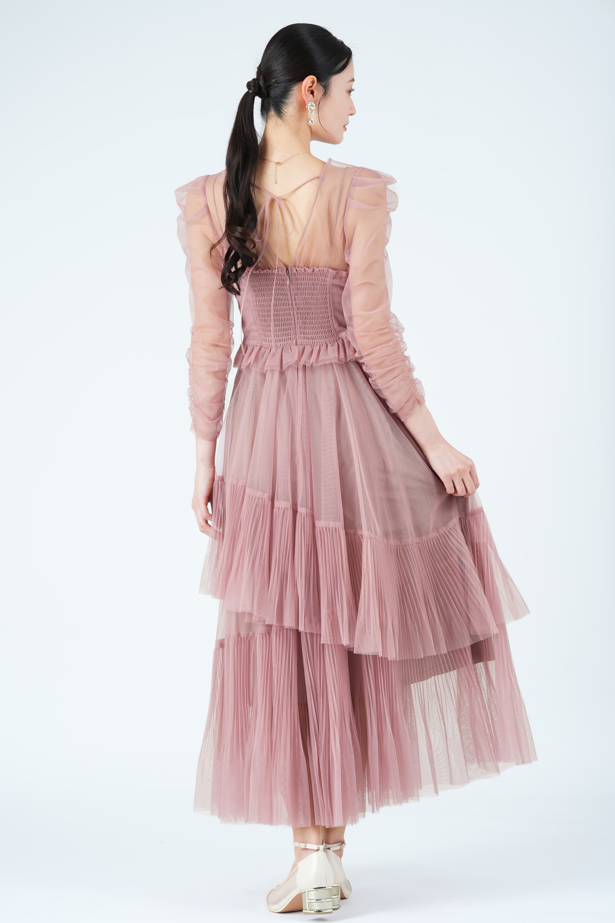 アシメティアードチュールピンクドレス