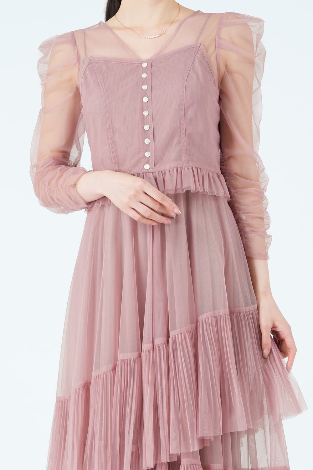 アシメティアードチュールピンクドレス