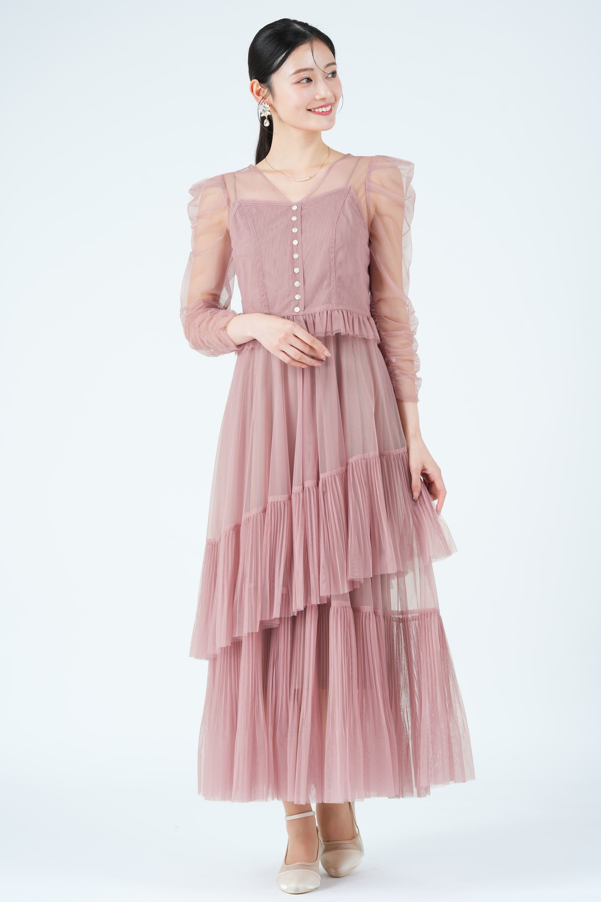 アシメティアードチュールピンクドレス