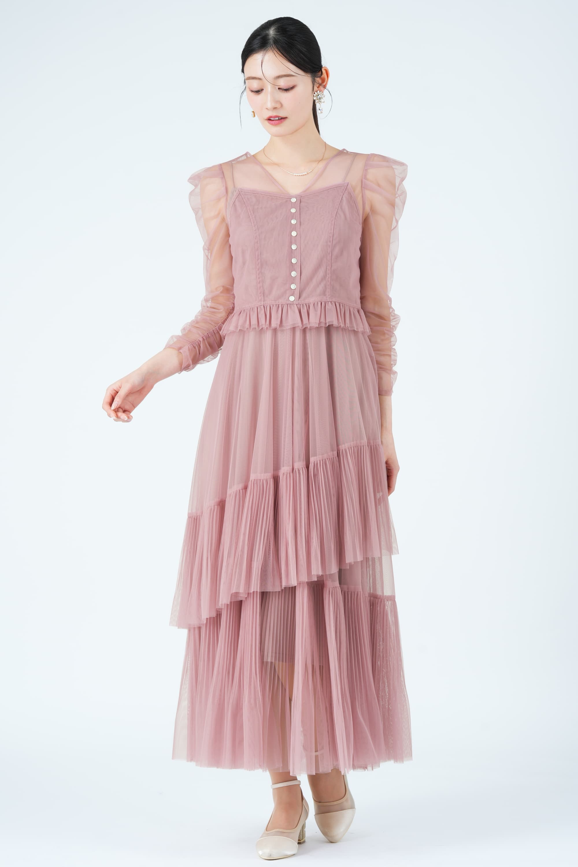 アシメティアードチュールピンクドレス