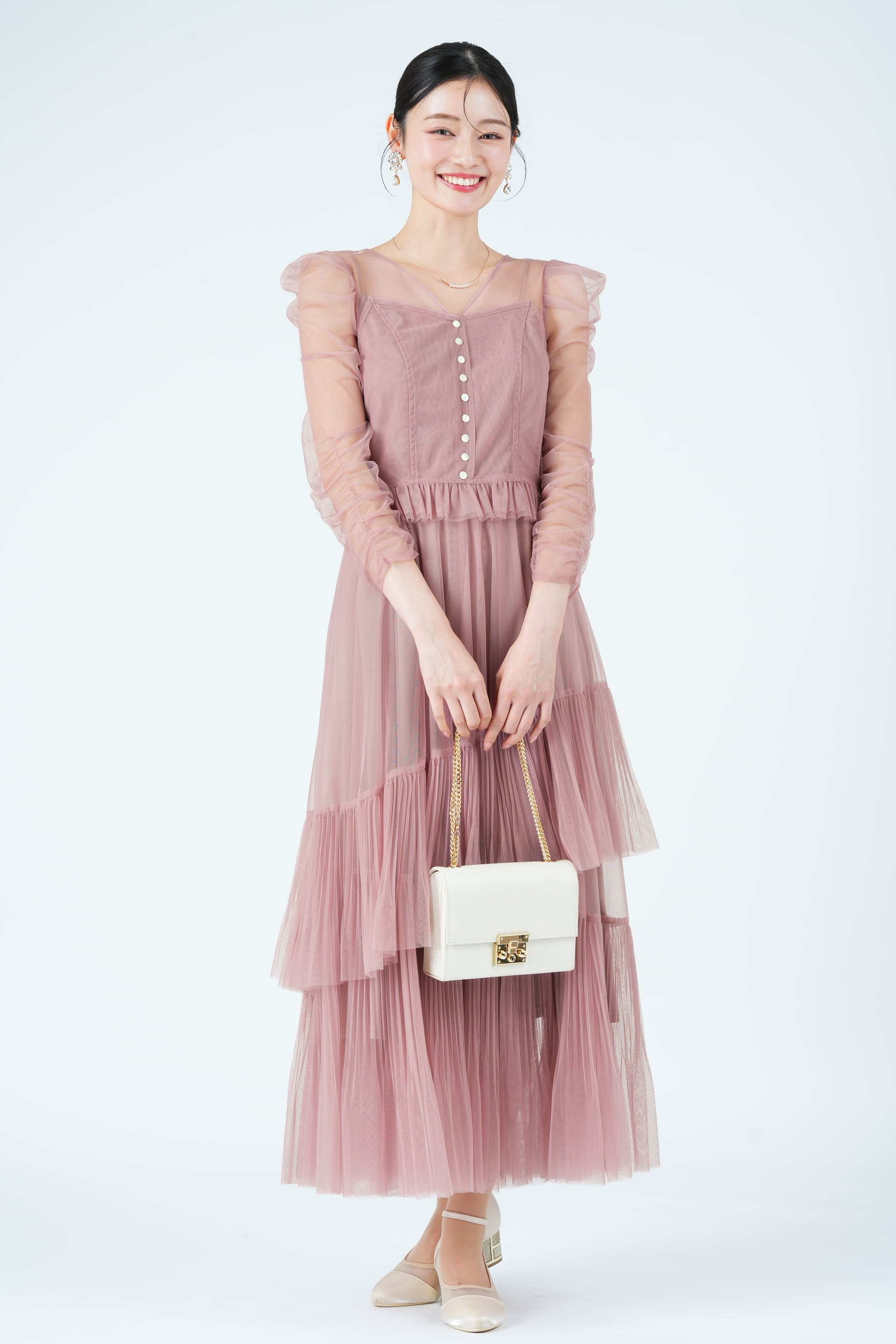 アシメティアードチュールピンクドレス