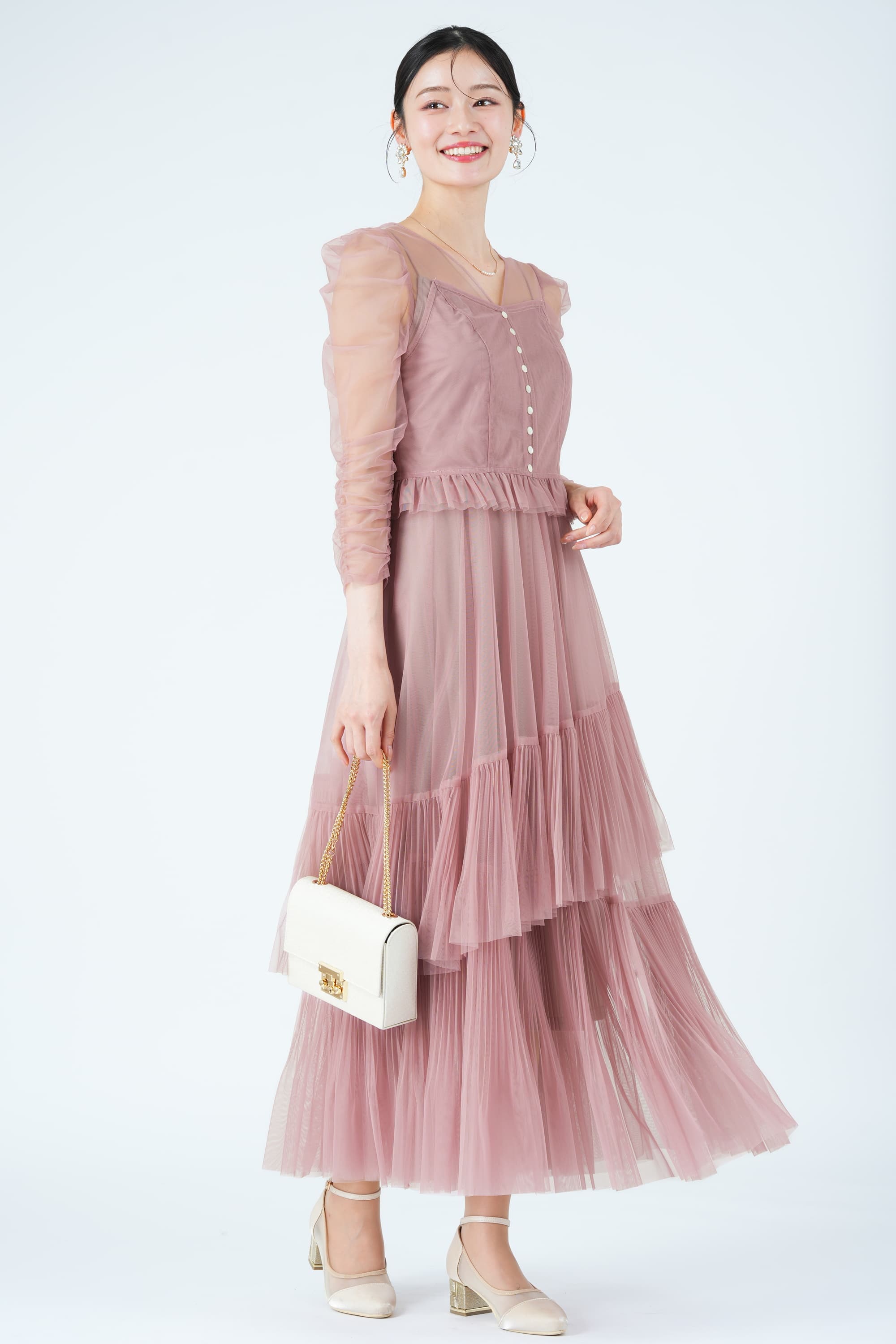 アシメティアードチュールピンクドレス