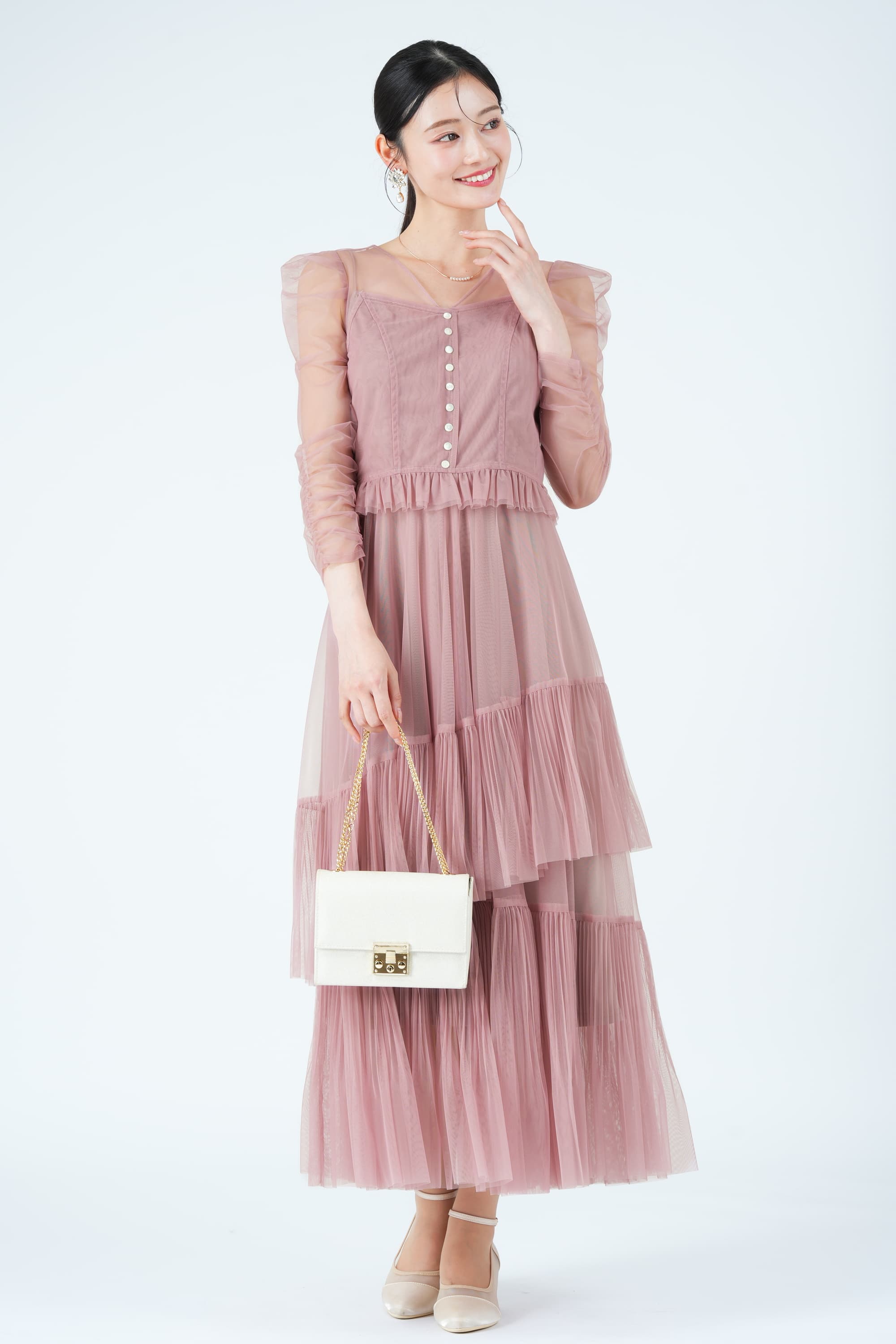 アシメティアードチュールピンクドレス