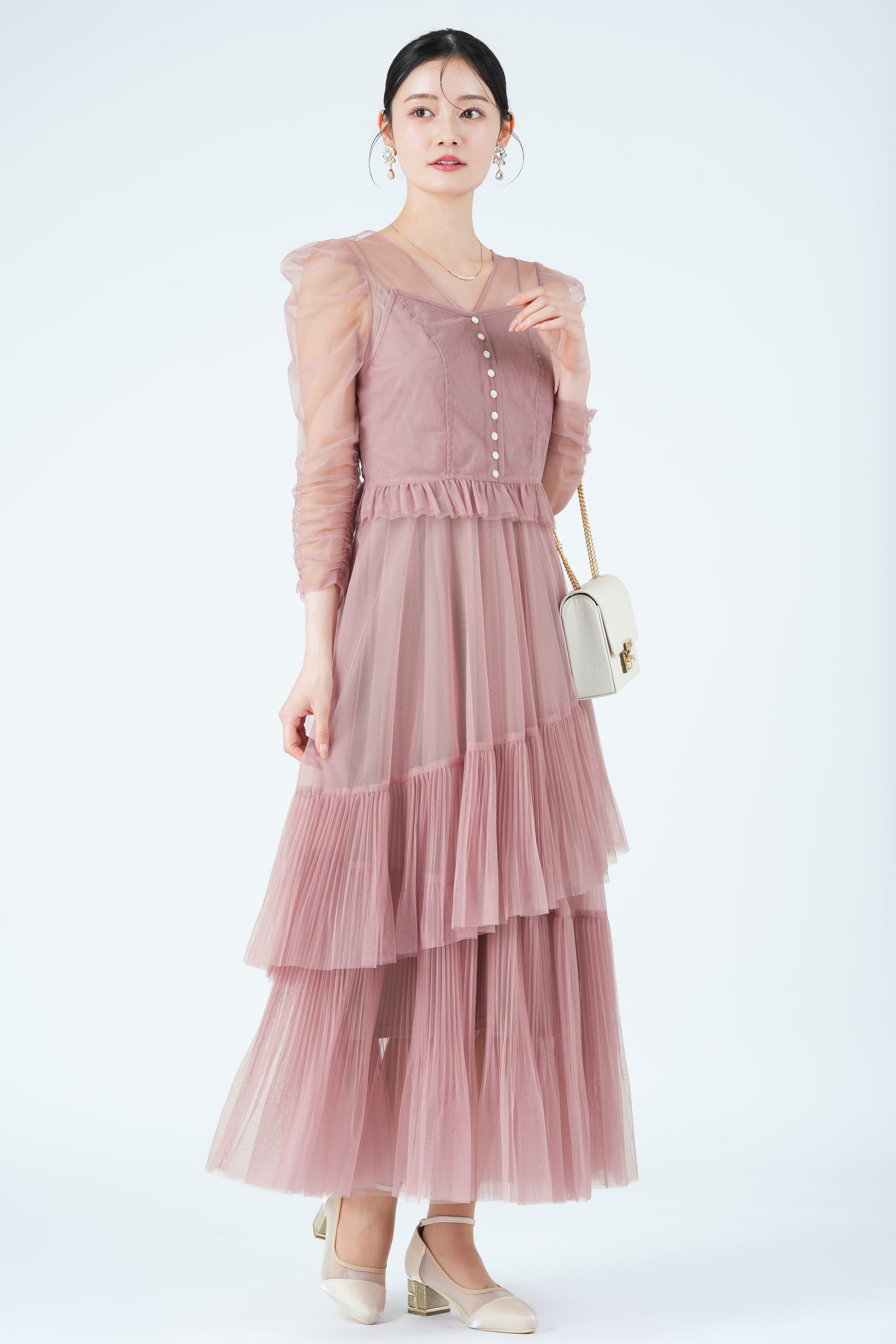 アシメティアードチュールピンクドレス