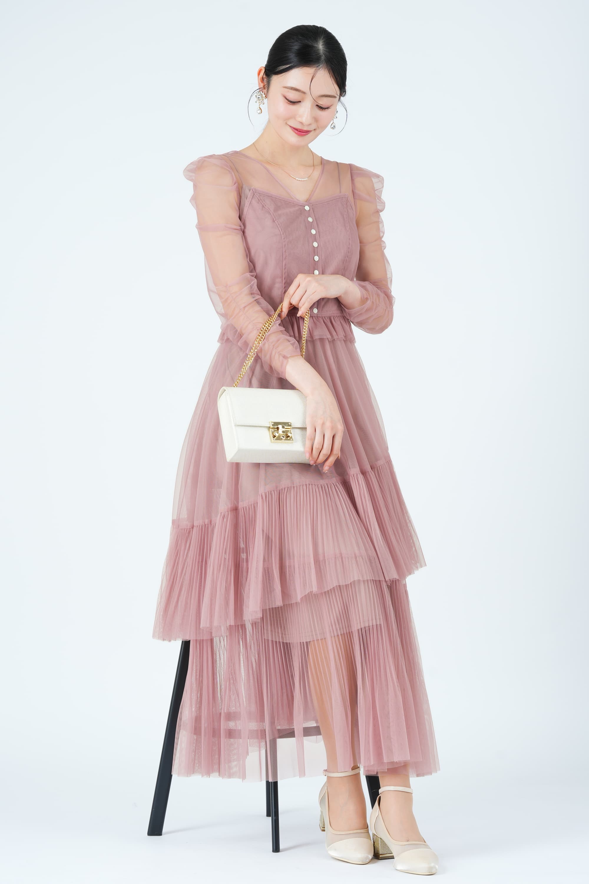 アシメティアードチュールピンクドレス