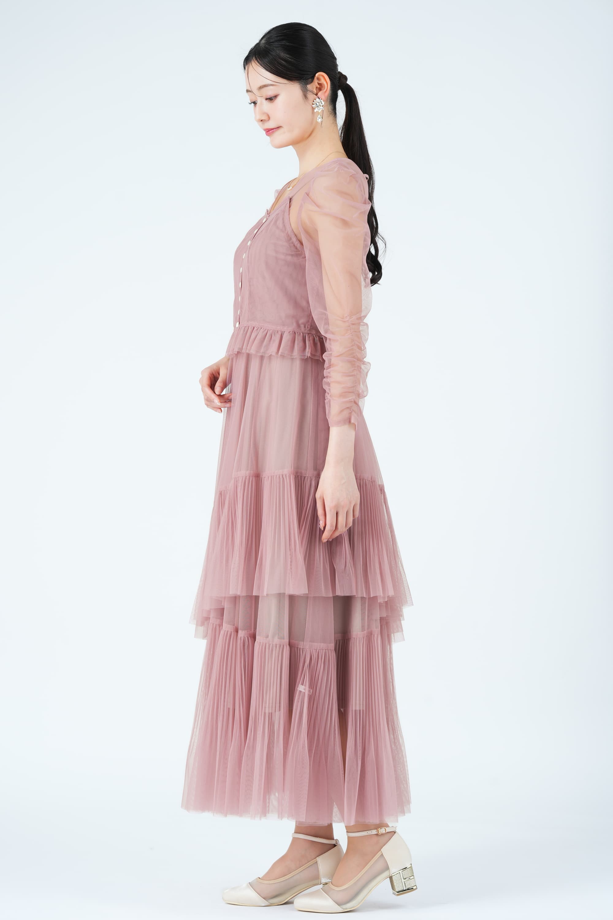 アシメティアードチュールピンクドレス