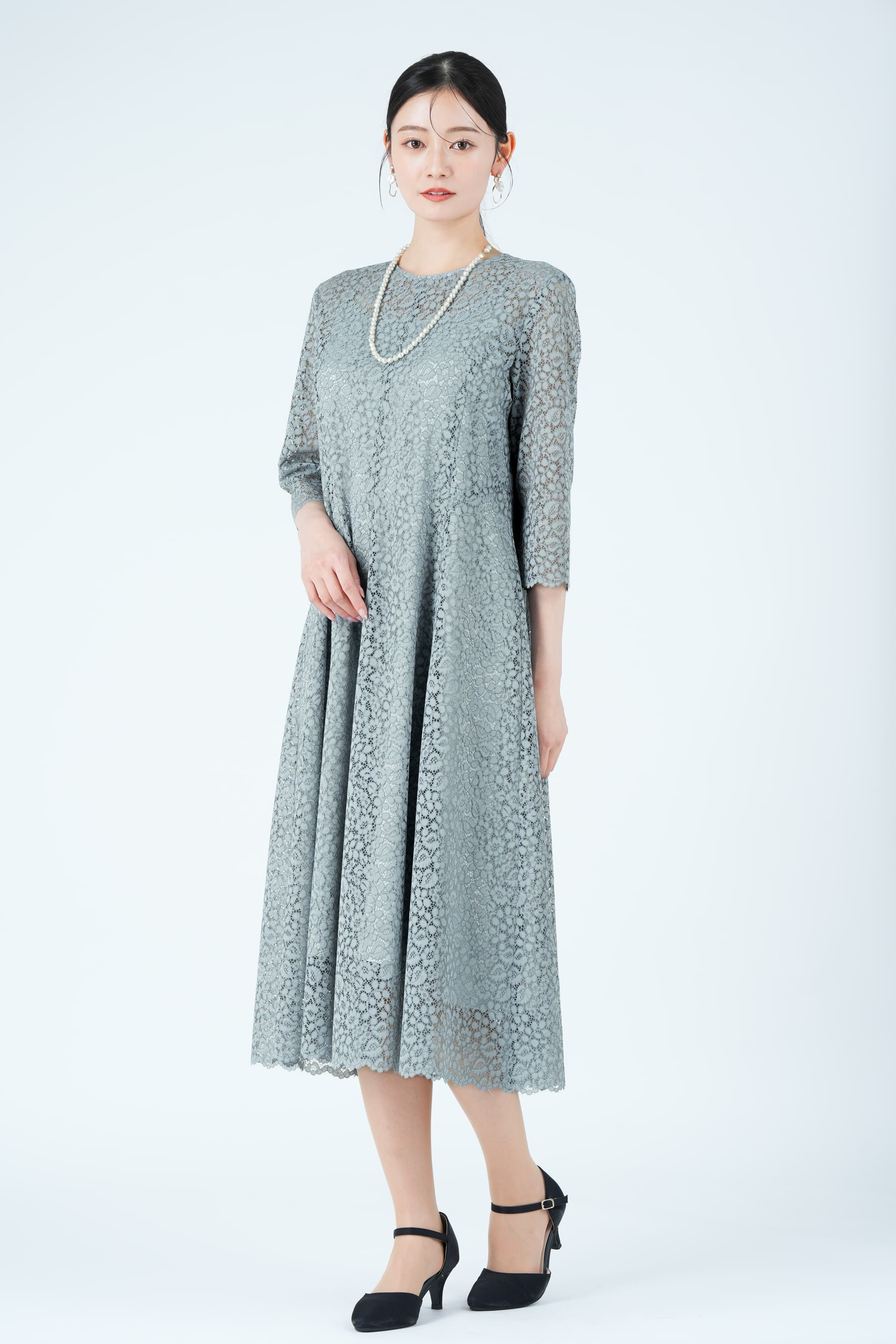 フラワー総レースフレアブルードレス