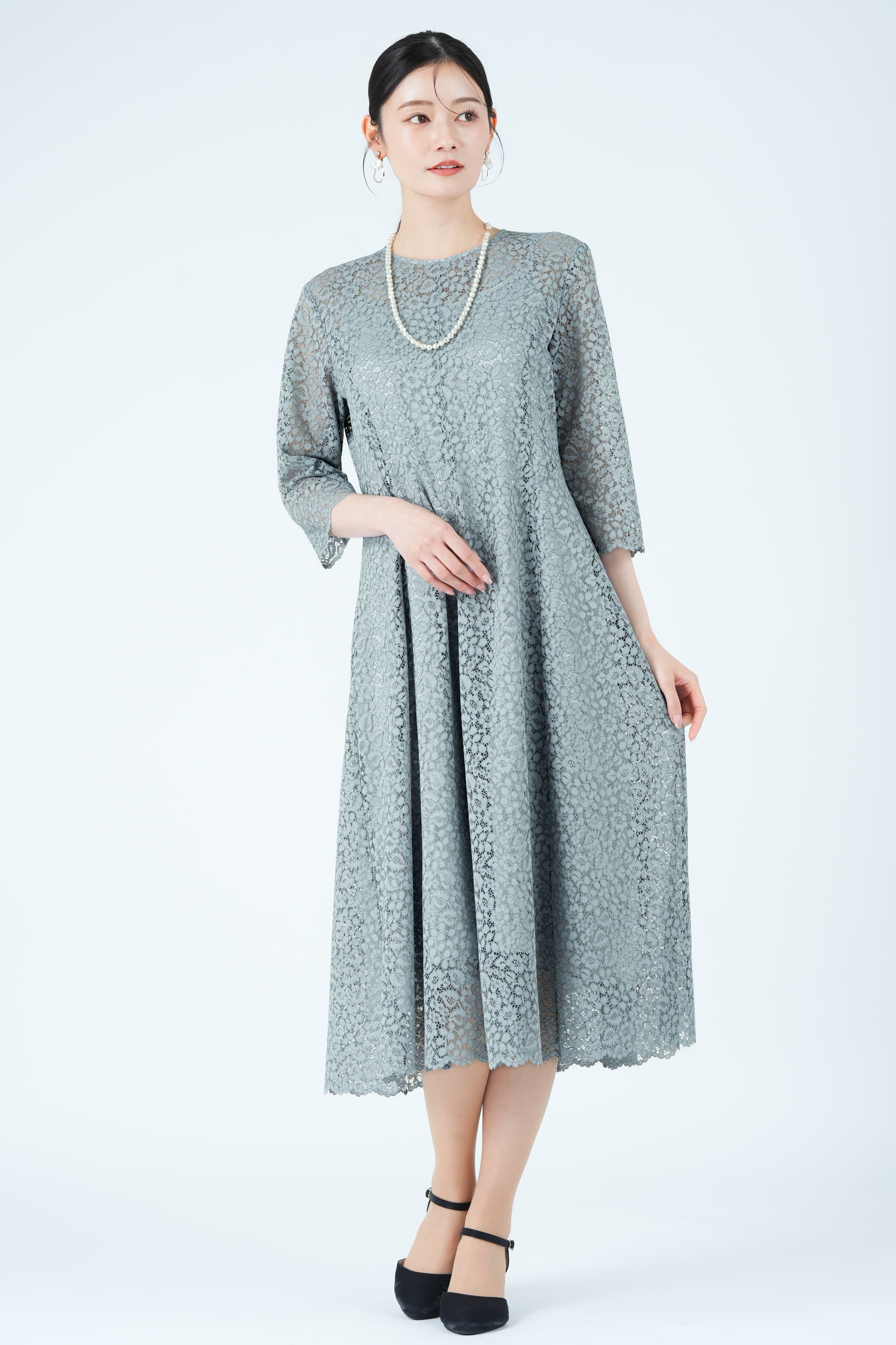 フラワー総レースフレアブルードレス