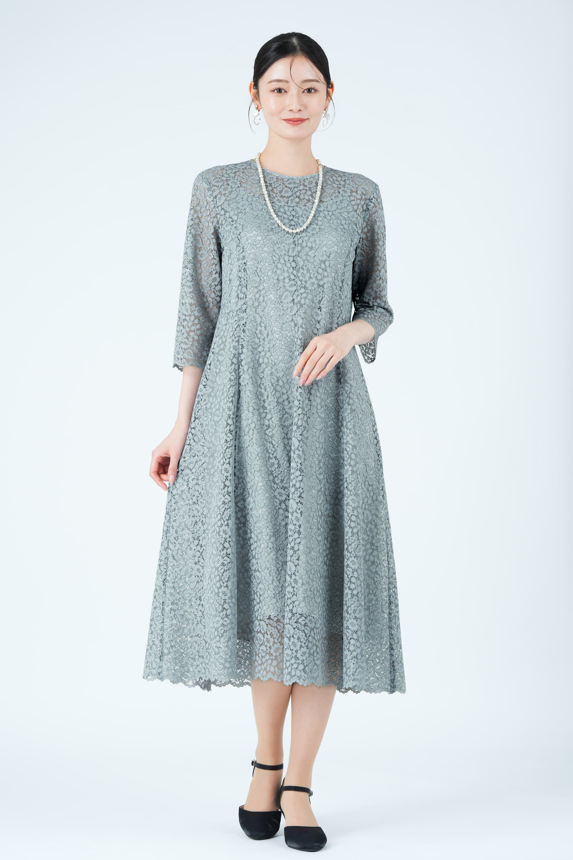 フラワー総レースフレアブルードレス