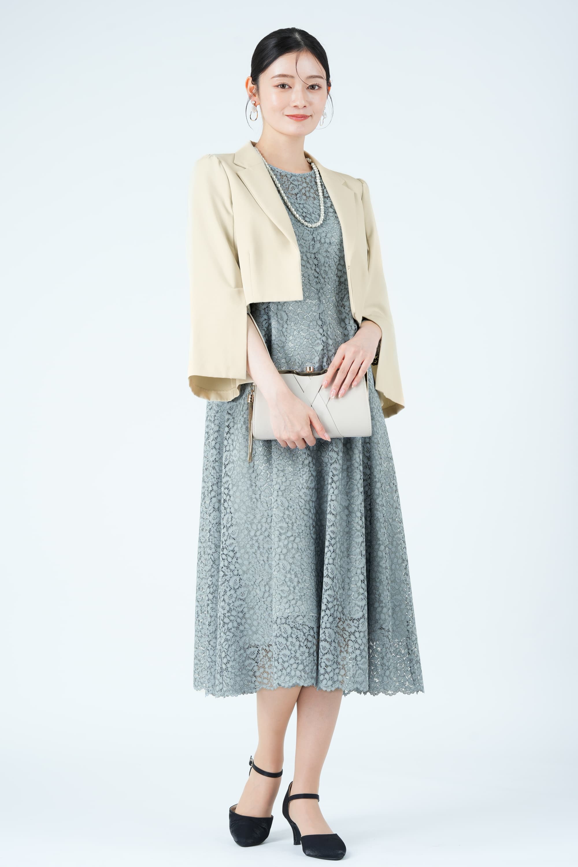 フラワー総レースフレアブルードレス