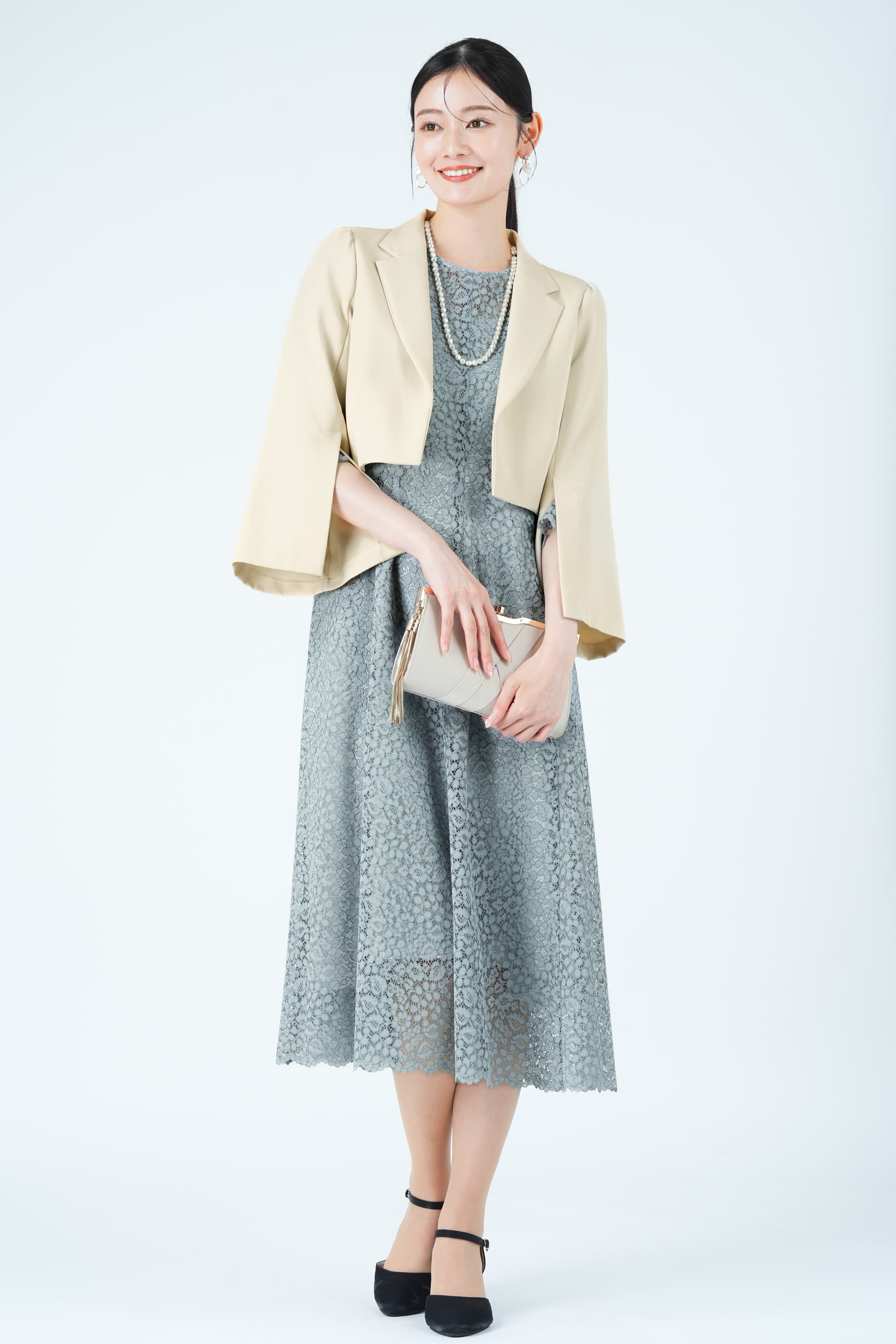 フラワー総レースフレアブルードレス