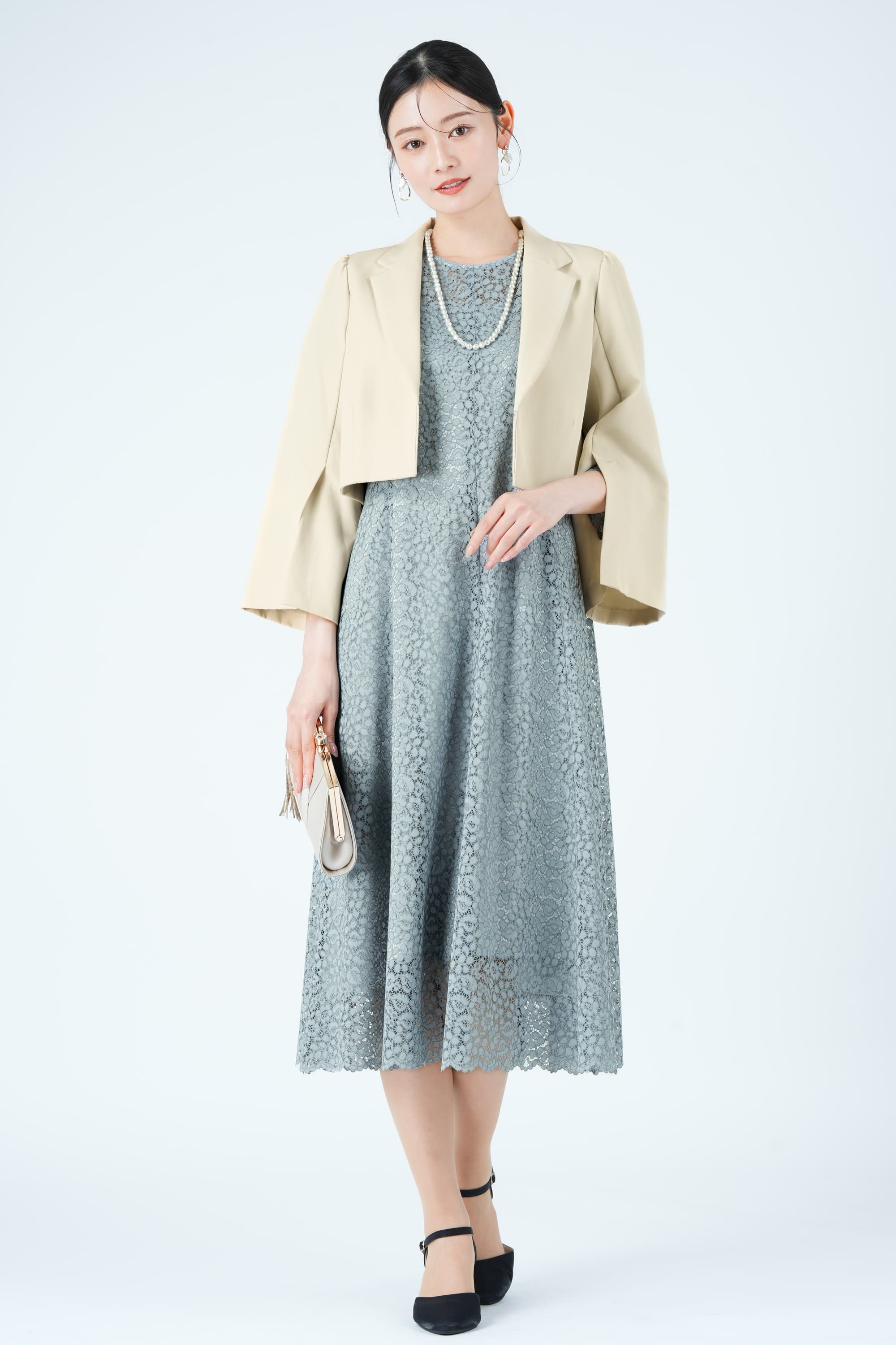 フラワー総レースフレアブルードレス