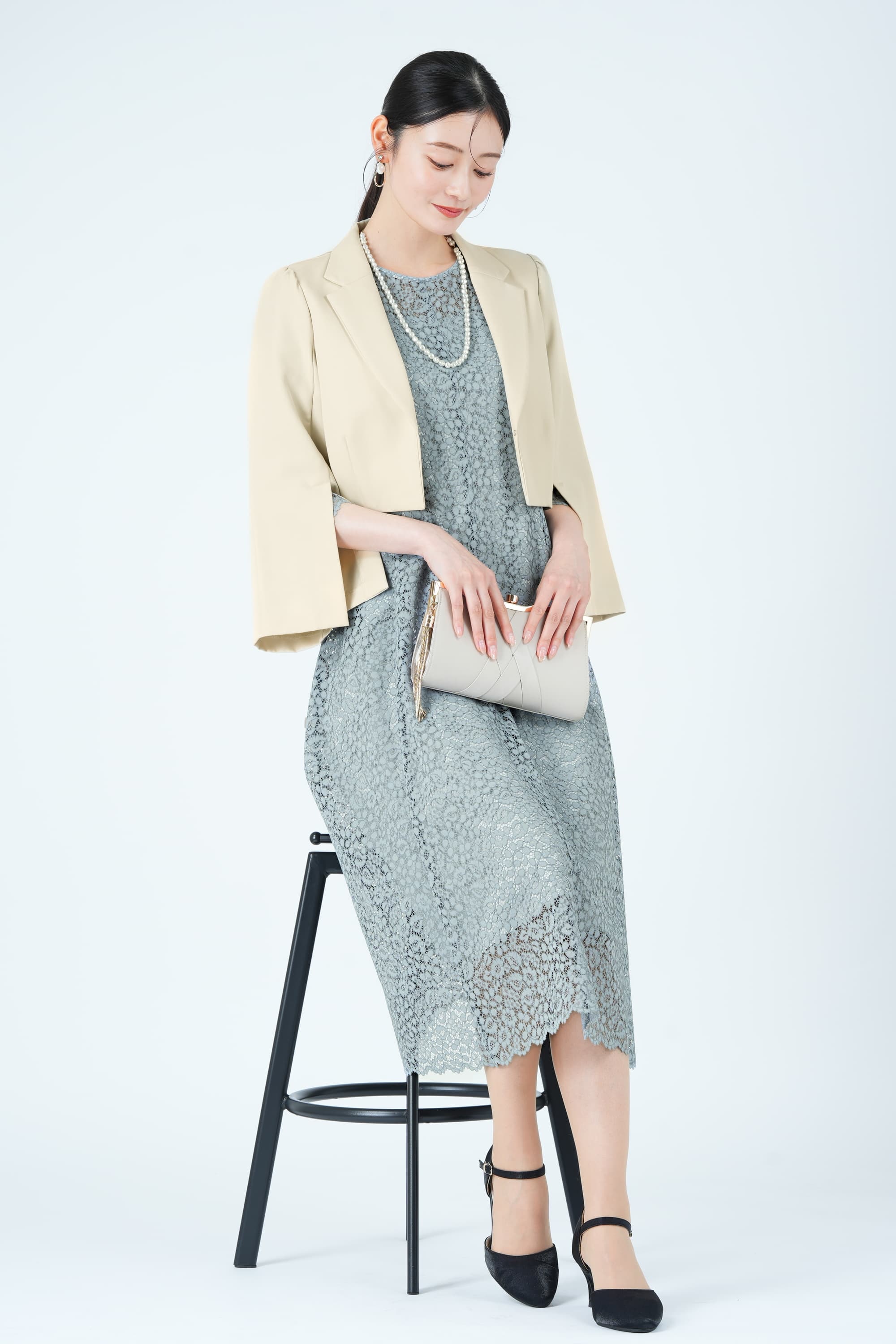 フラワー総レースフレアブルードレス