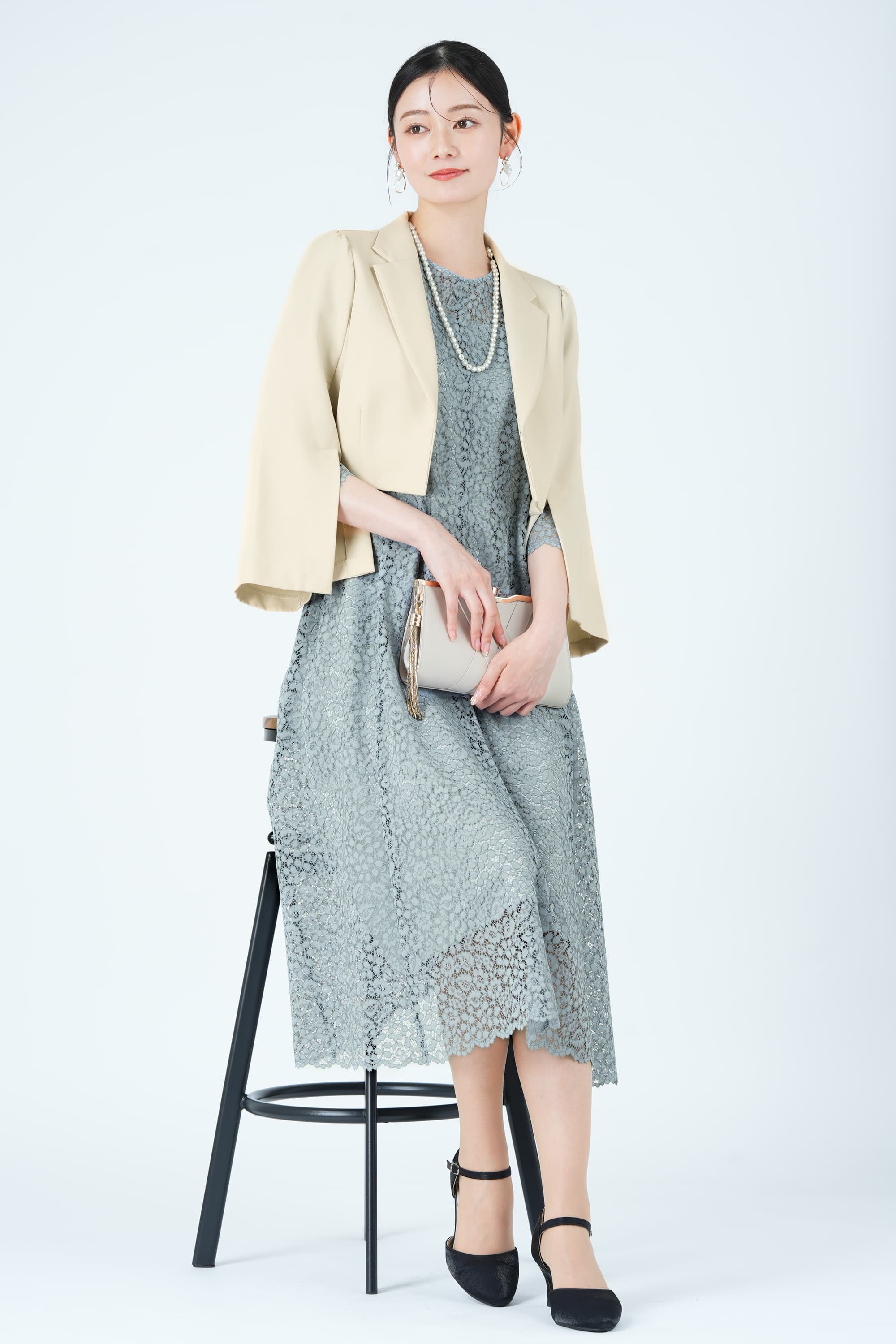 フラワー総レースフレアブルードレス