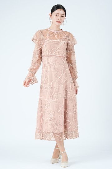 フェザーレースレイヤードピンクドレス