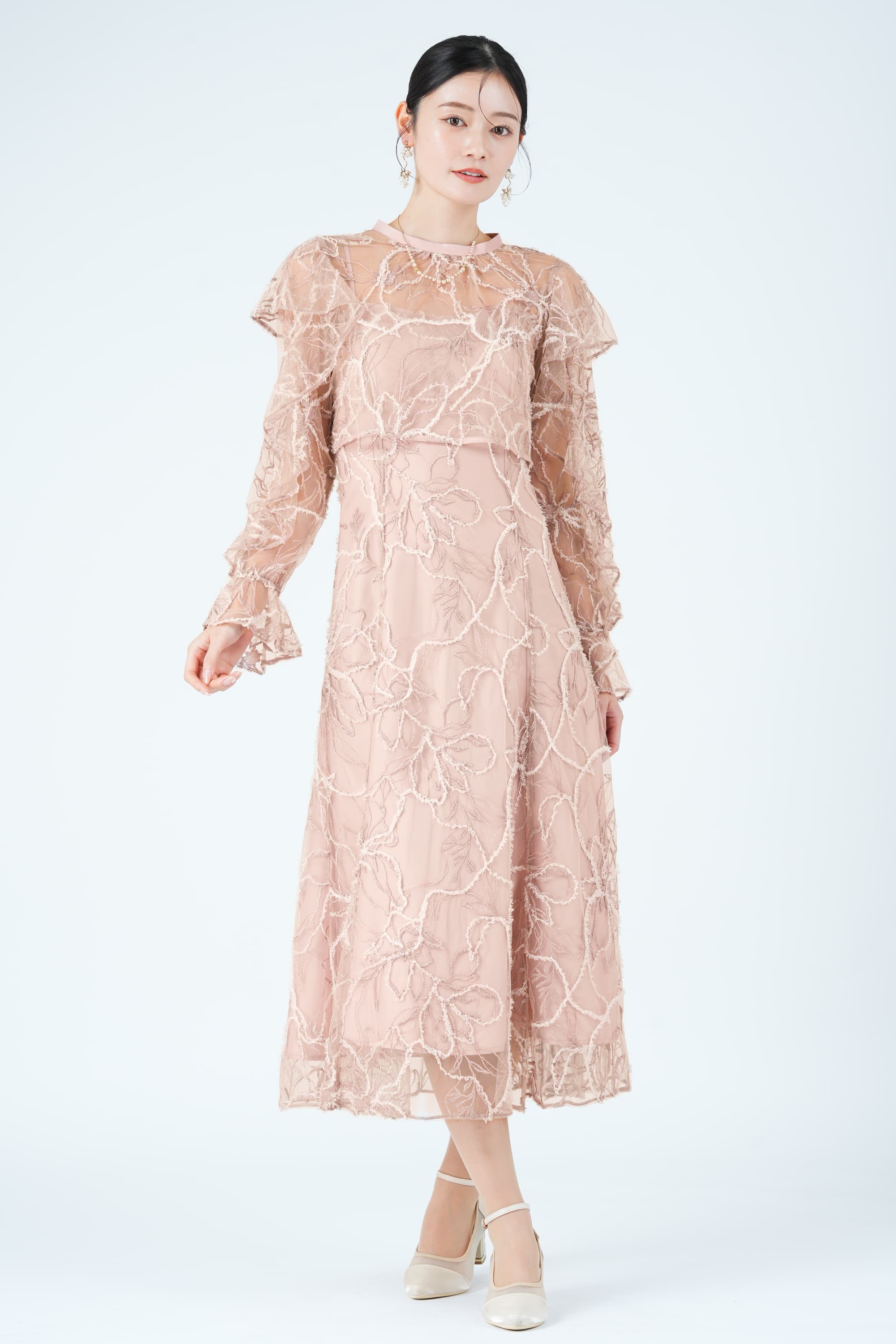 フェザーレースレイヤードピンクドレス