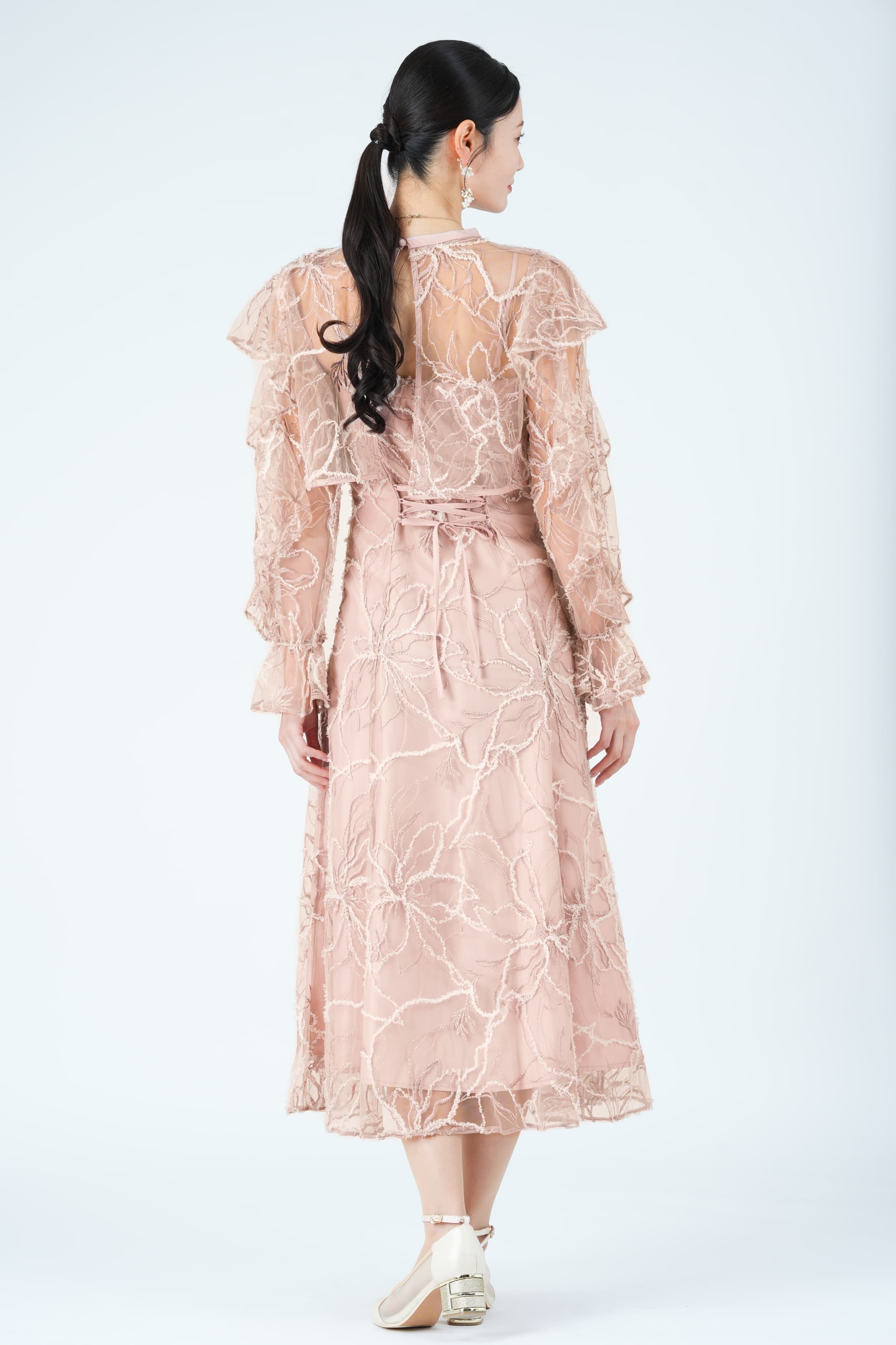 フェザーレースレイヤードピンクドレス