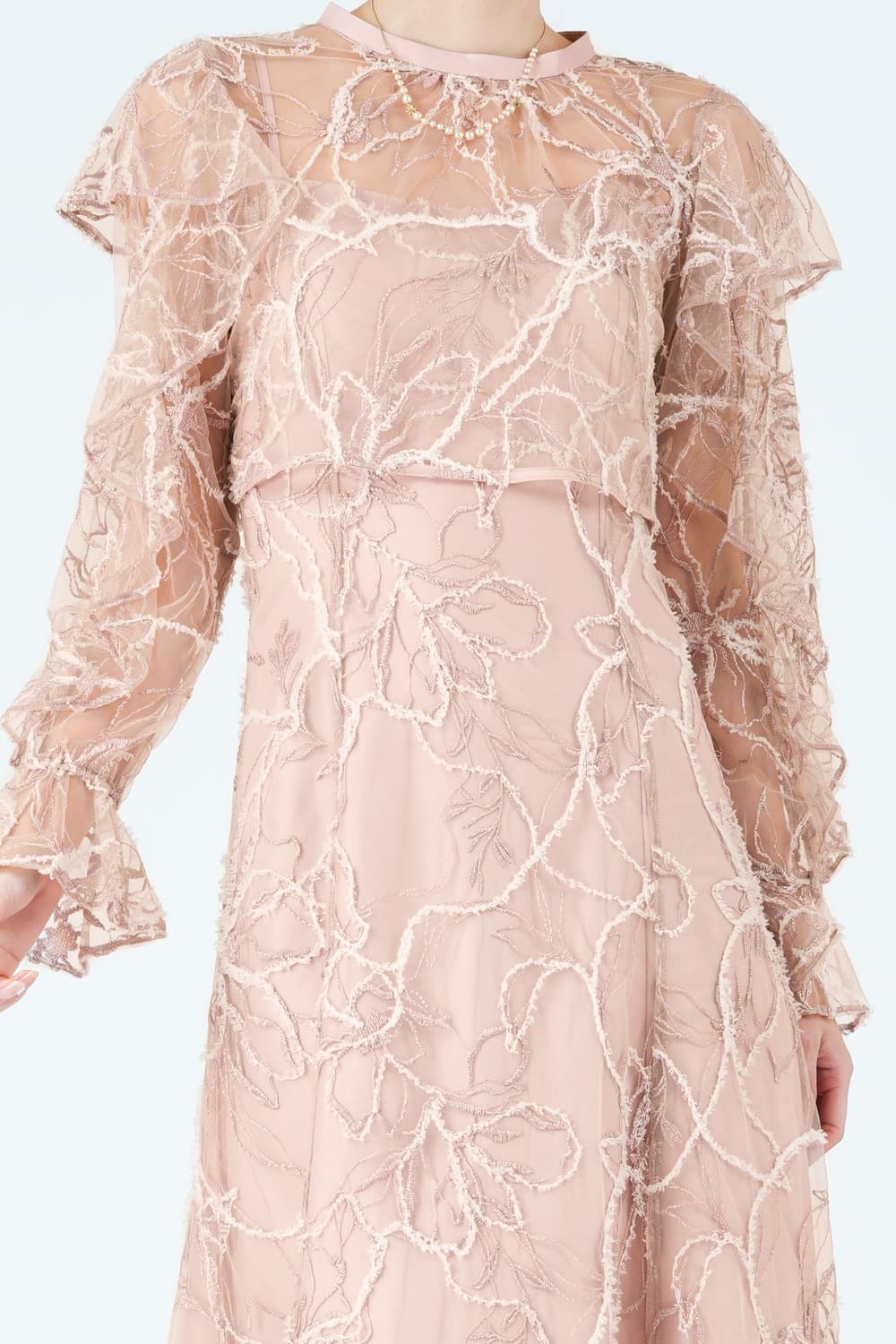 フェザーレースレイヤードピンクドレス