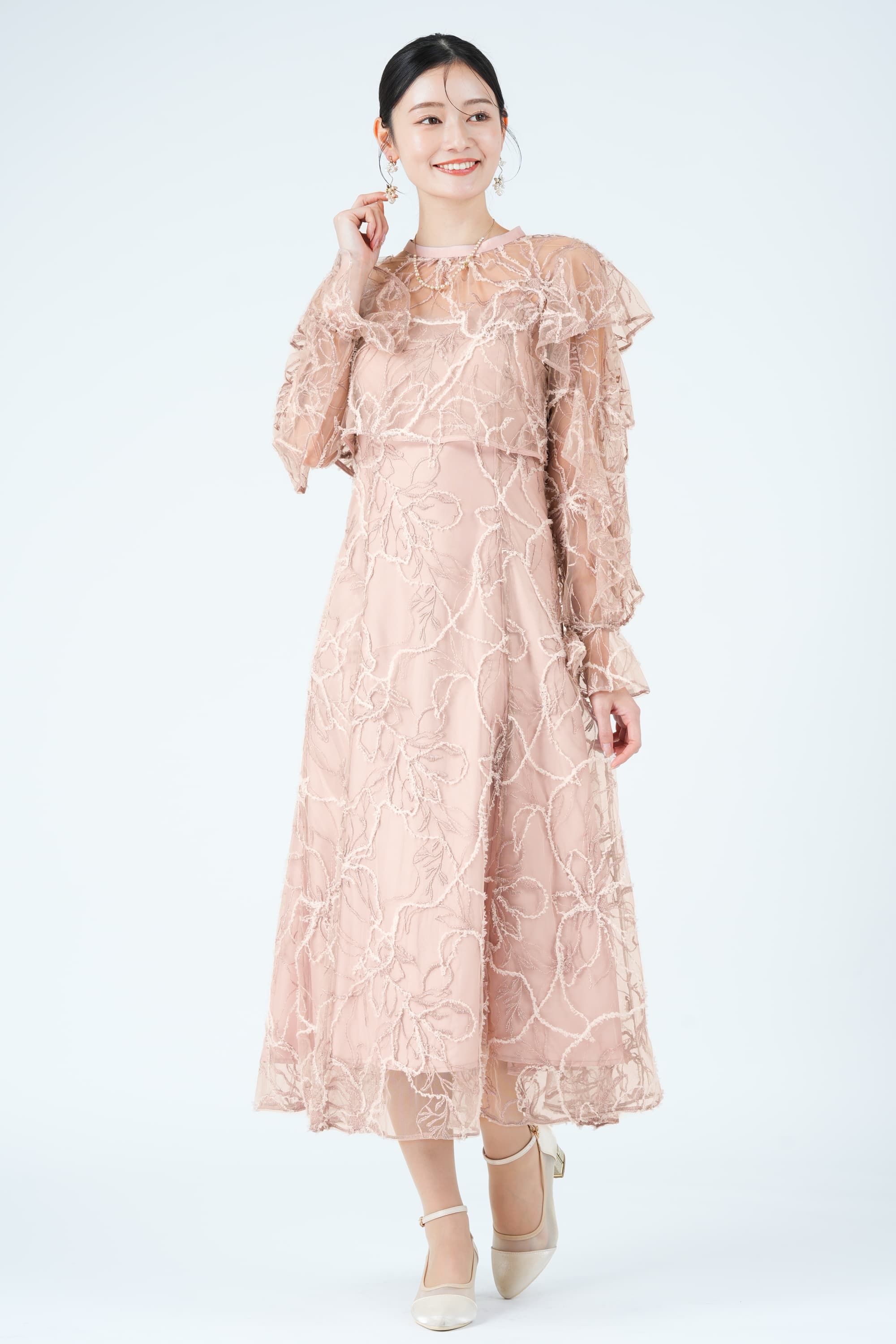 フェザーレースレイヤードピンクドレス